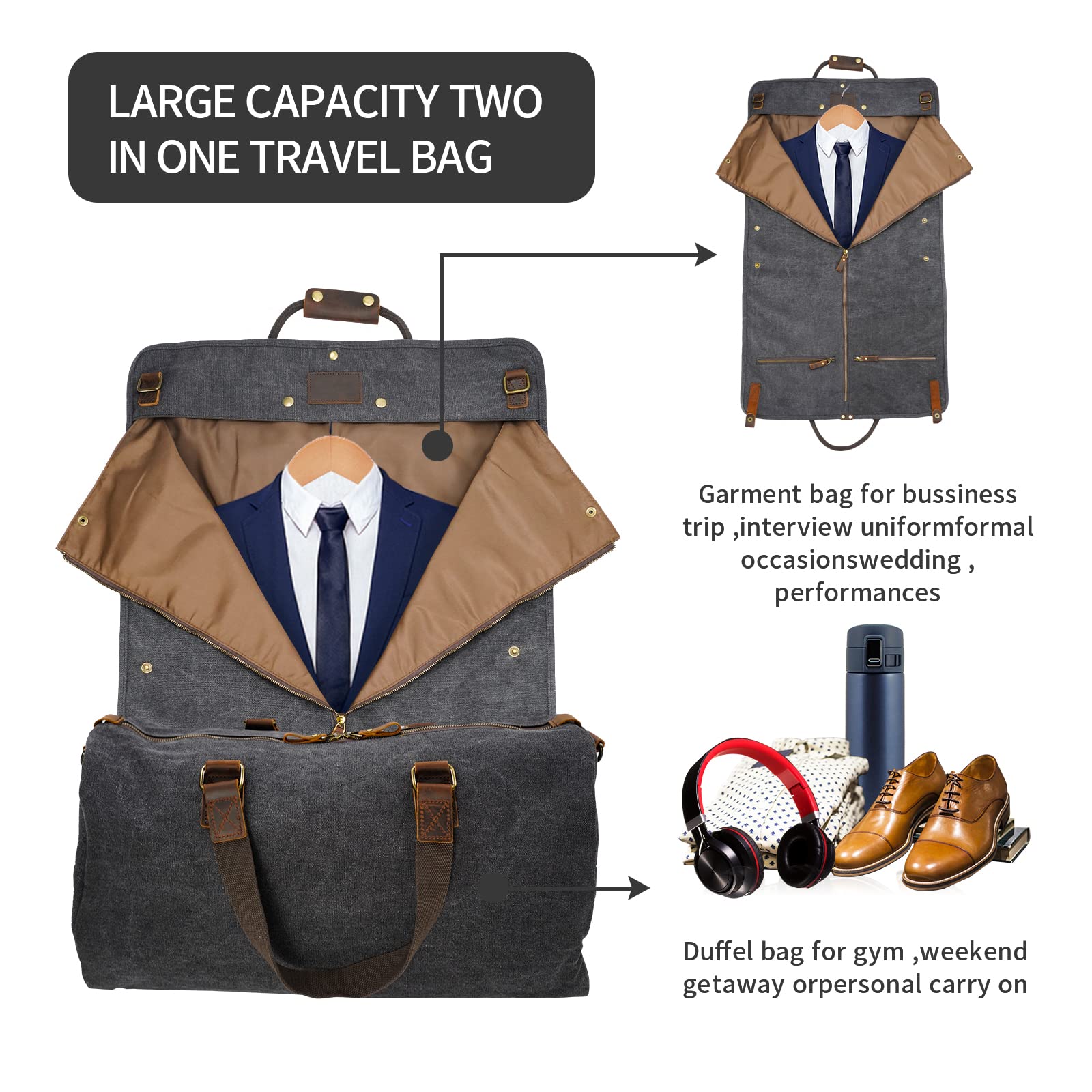 2 in 1 Canvas Leather Suit Luggage Garment Bag with Adjustable Shoulder Strap - Durable Travel & Business Carry-On for Men & Women (Black) - Perfect for Airplane, Office & Formal Events