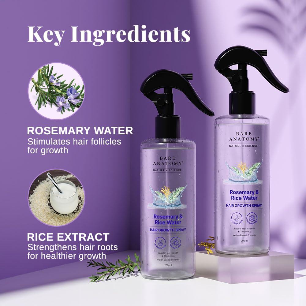 Bare Anatomy Rosemary Water Spray for Hair Growth & Thickness with Rice Water | 100% Natural Extract for Soft, Smooth Hair | Controls Hair Fall | Non-Greasy & Fast Absorbing | 200ml | Perfect for Daily Hair Care & Scalp Hydration