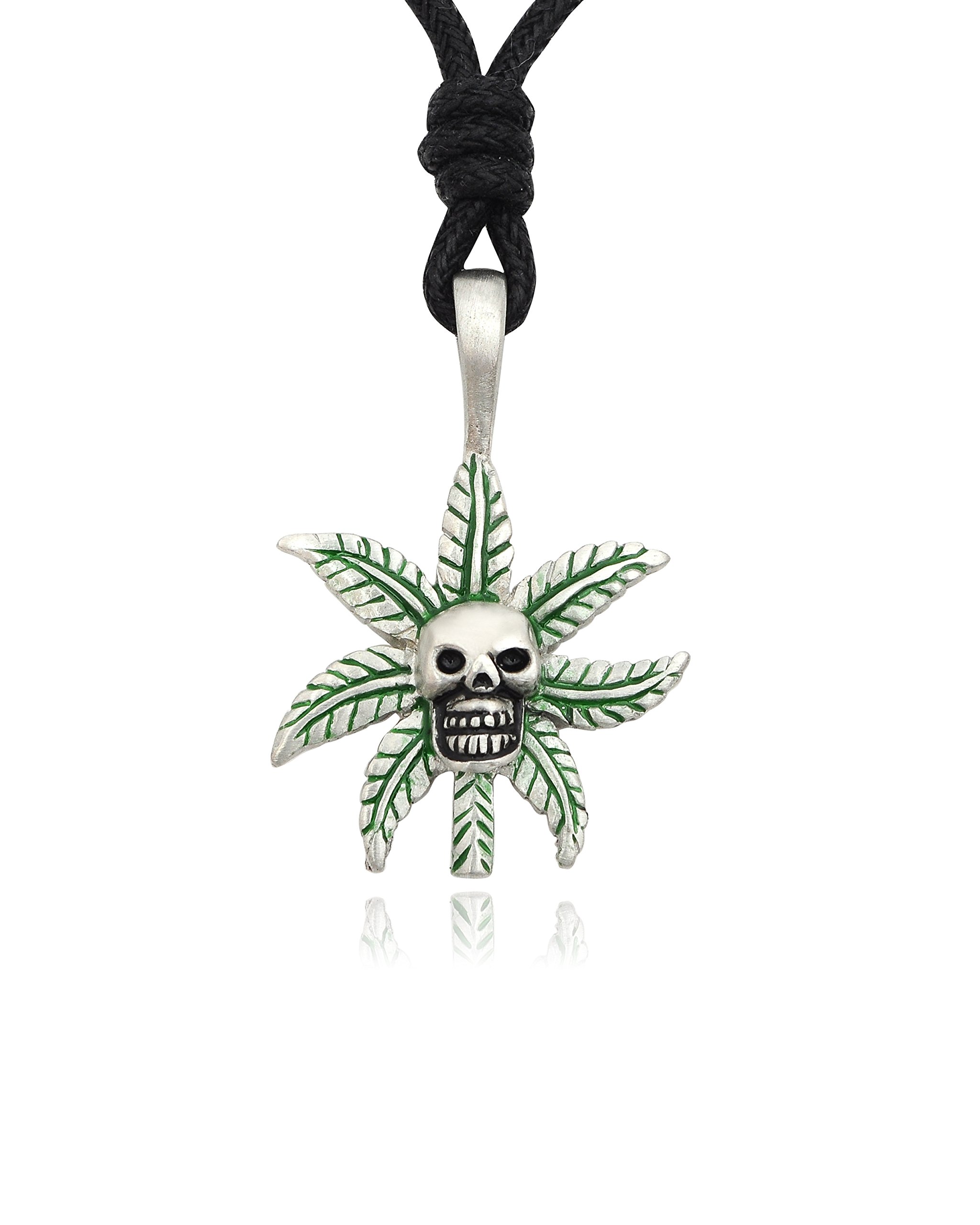 Silver Pewter Marijuana Leaf Skull Charm Necklace Pendant for Men & Women - Gothic Jewelry for Weed Lovers, Bikers & Halloween Costume Accessories