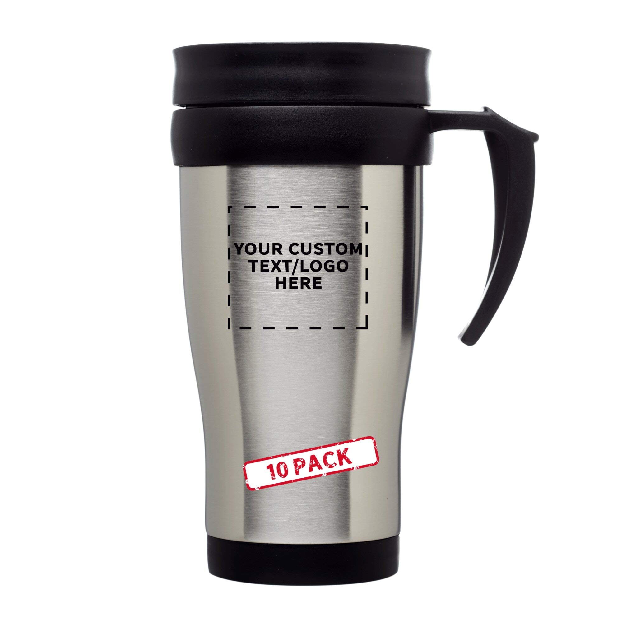 Custom 14 oz Stainless Steel Travel Mugs with Handle - Bulk Pack of 10 Personalized Drinkware - Insulated for Hot Coffee & Iced Beverages - Silver - Perfect for Office, Camping, Travel & Gifts