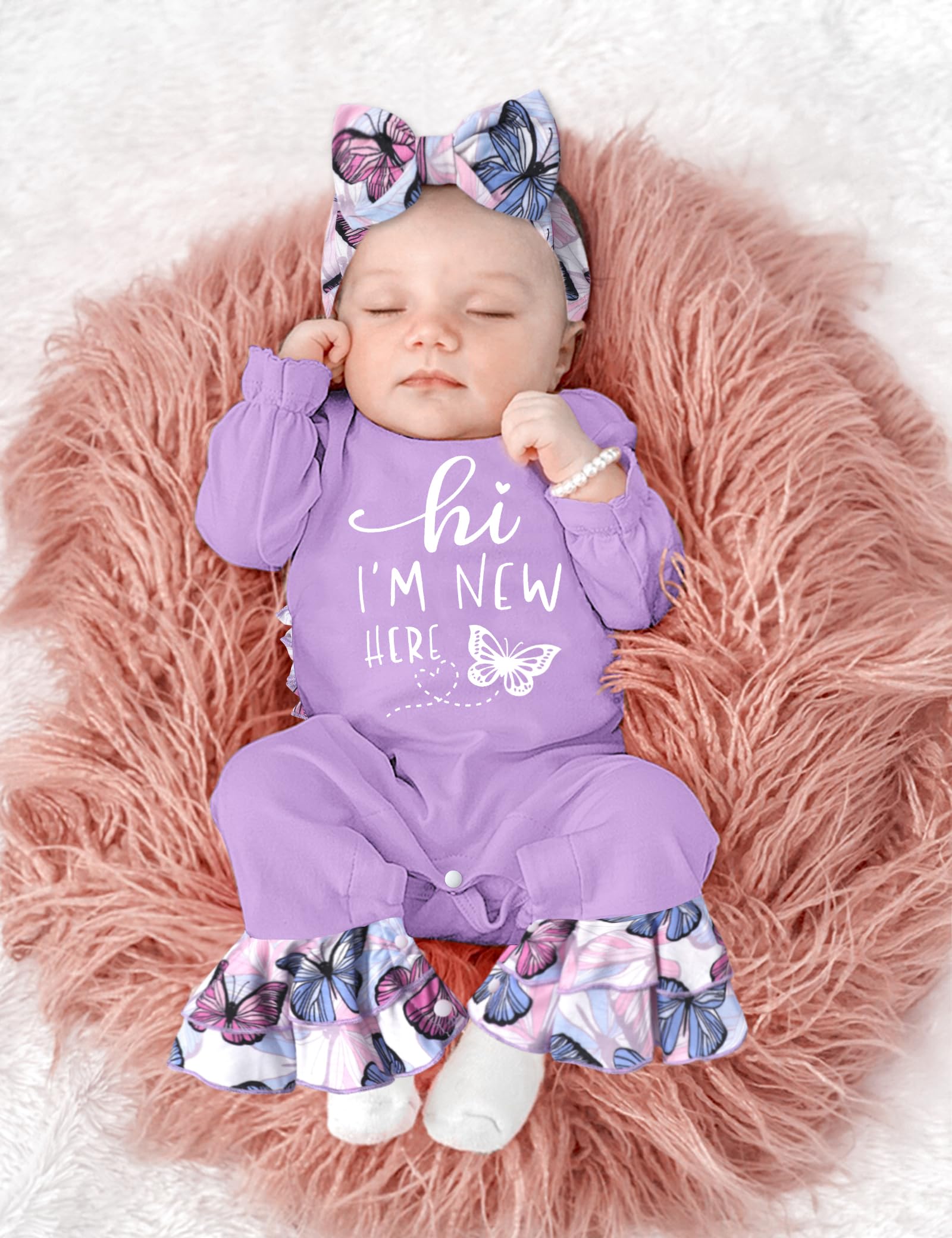 Adorable Newborn Baby Girl Outfit - Ruffle Letter Print Romper with Bell Bottom & Matching Headband Hat | Boho Chic Infant Jumpsuit for Photos, Parties & Everyday Wear