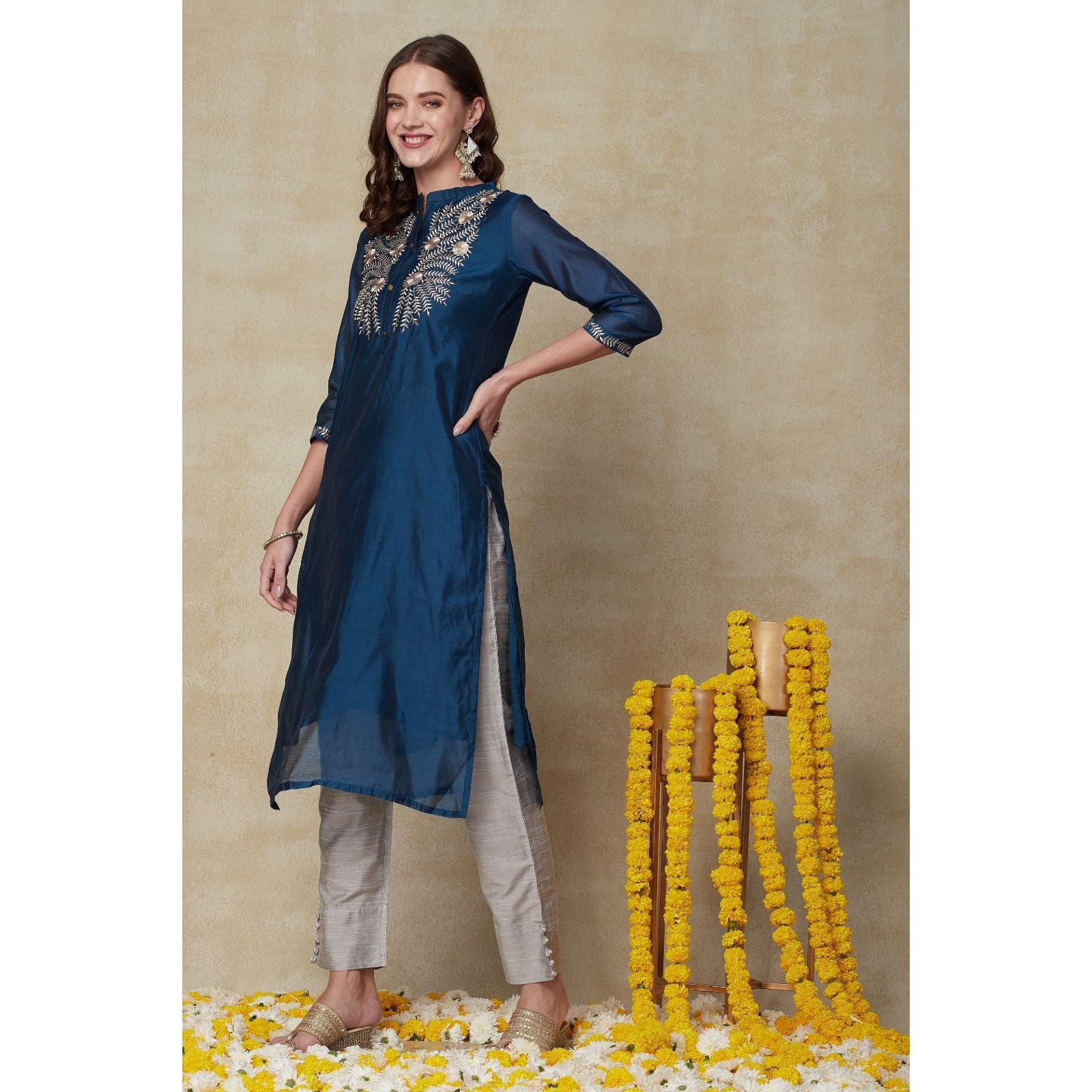 Elegant Teal Blue & Grey Indian Kurta Set for Women | Festive Ethnic Wear | Perfect for Diwali, Weddings & Special Occasions