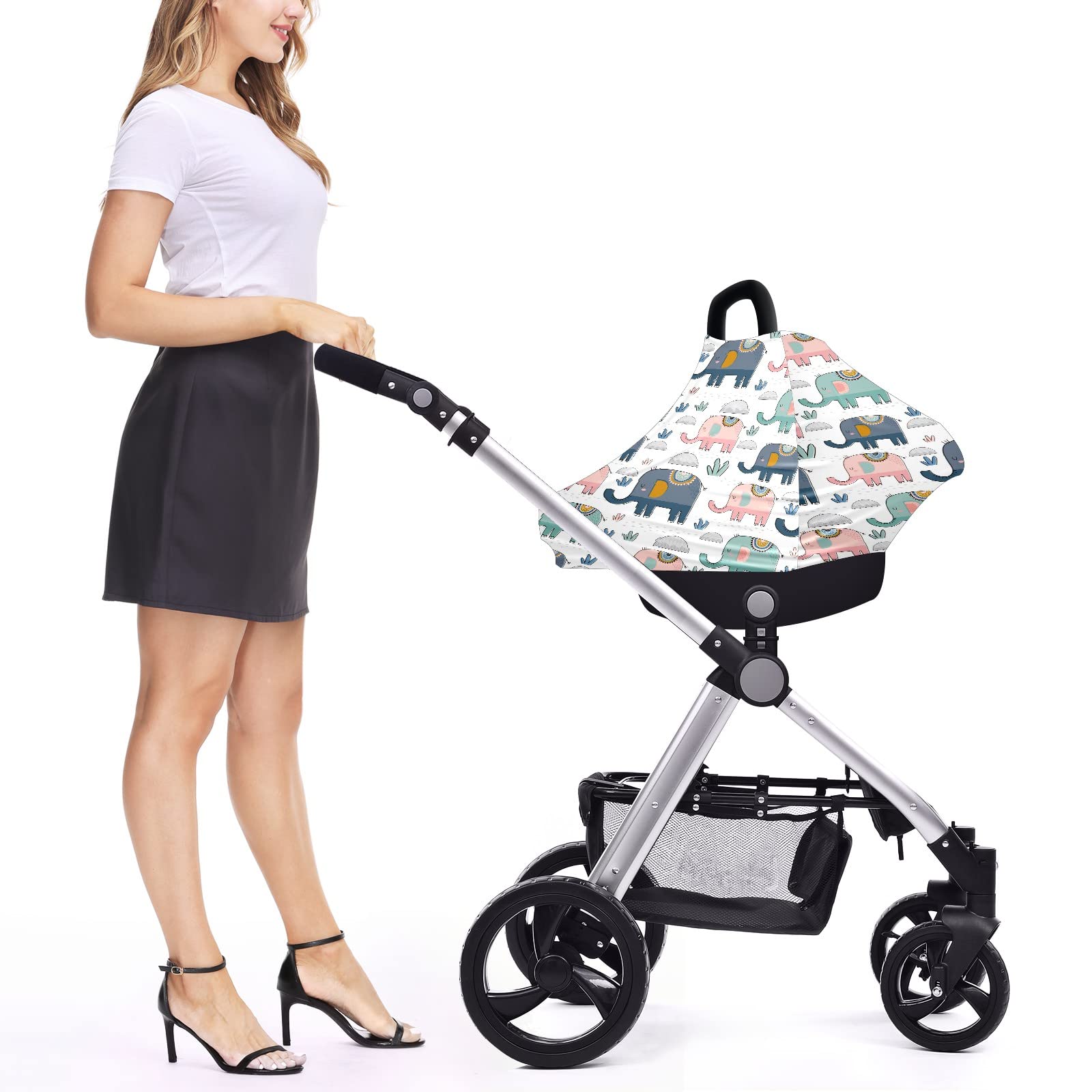 Soft Stretchy Baby Car Seat Cover & Nursing Scarf - Pink, Green, Navy Elephant & Cactus Design - Universal Fit for Infant Carriers, Strollers & Breastfeeding - Perfect for New Moms, Boys & Girls - Ideal for Travel, Shopping & Outdoor Activities