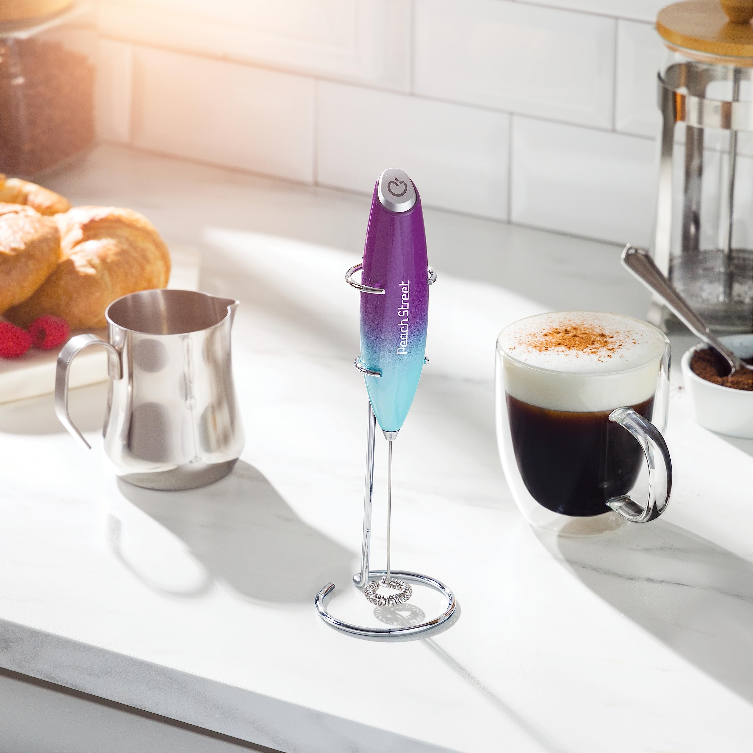 Premium Handheld Milk Frother - Mini Electric Milk Foamer with Stainless Steel Whisk & Stand - Battery Operated (Batteries Not Included) - Perfect for Coffee, Lattes, Cappuccino, Hot Chocolate, Matcha & Frappe - Ideal for Home, Office & Cafe Use