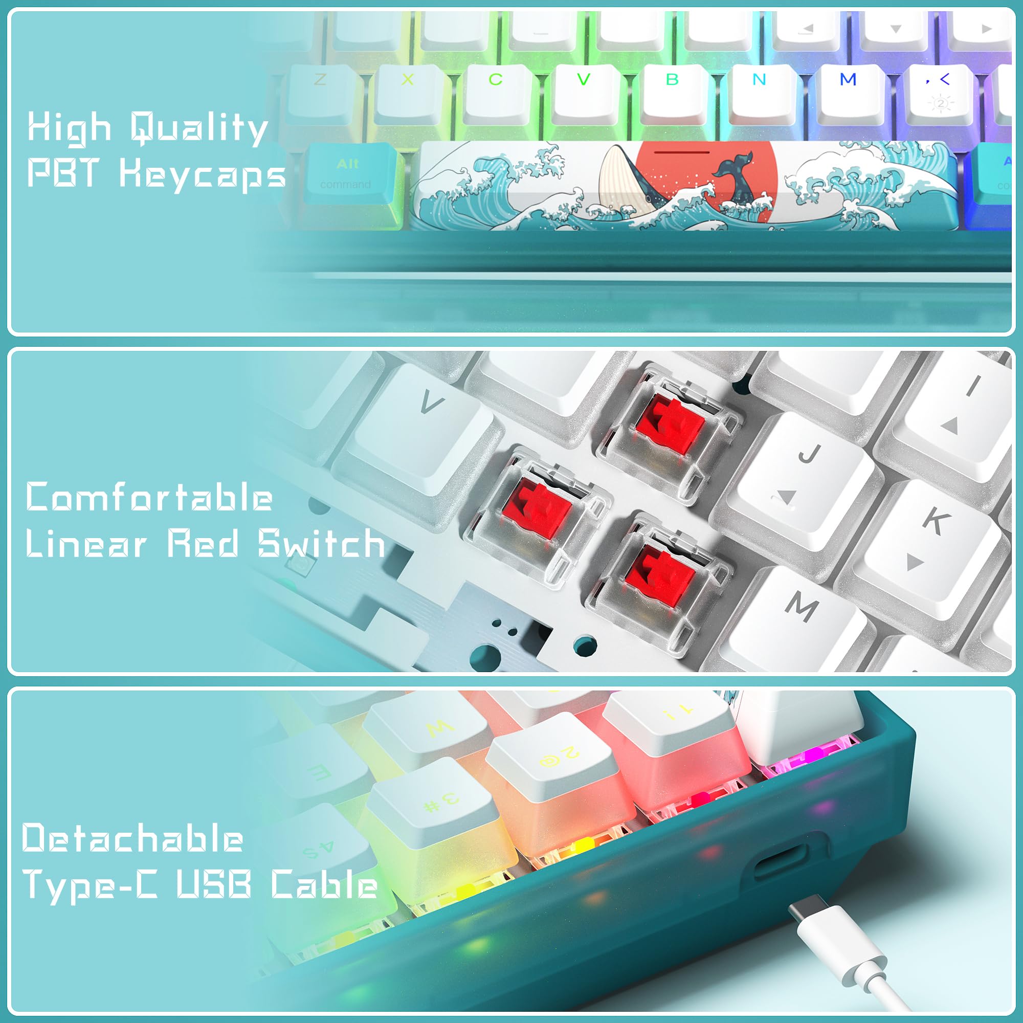 Womier WK61 60% RGB Mechanical Gaming Keyboard - Hot-Swappable, PBT Keycaps, Red Switch for PC Gamers