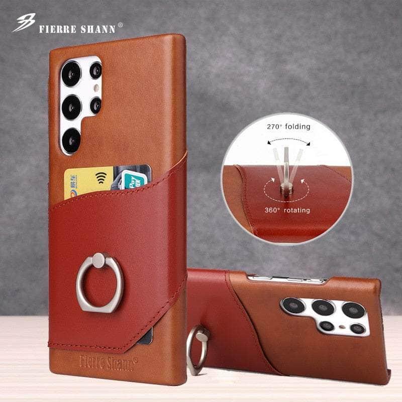 Genuine Leather Phone Case with Card Holder & Metal Ring Stand for Samsung Galaxy S22 - Perfect for Hands-Free Viewing & Secure Card Storage