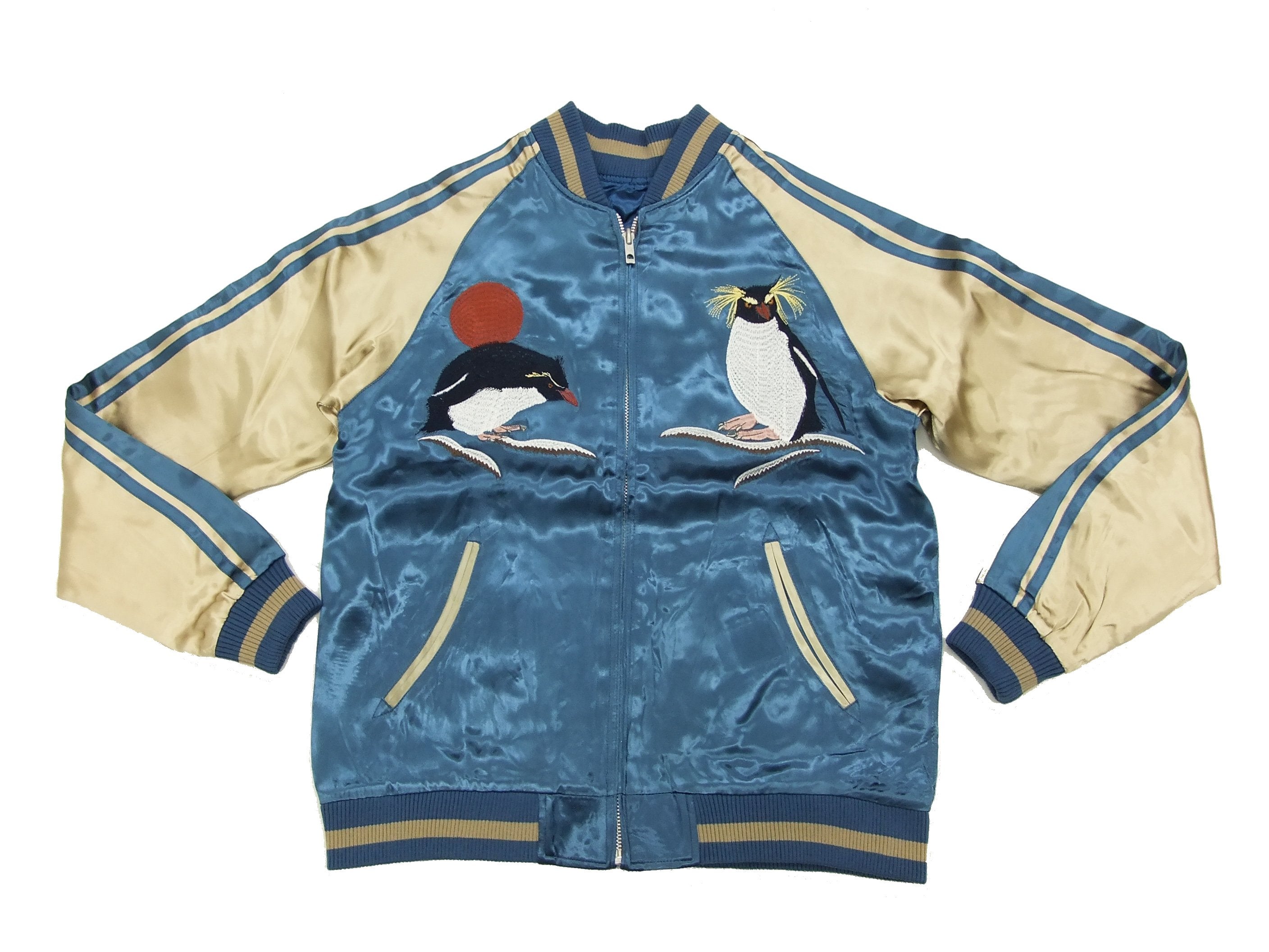 Japanese Souvenir Jacket for Men - Vintage Sukajan Bomber with Penguin Embroidery in Blue & Gold | Perfect for Streetwear, Cosplay & Retro Fashion Enthusiasts