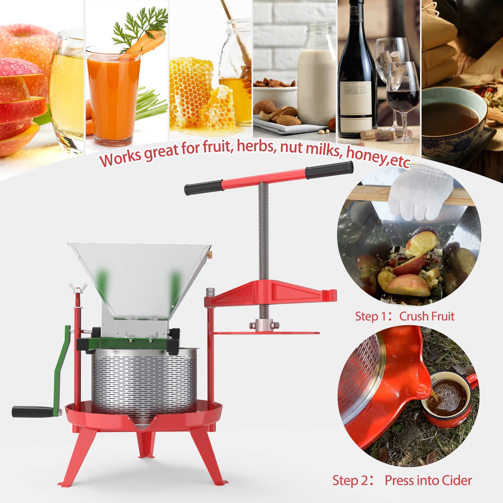 Premium Stainless Steel Fruit and Wine Press with Stand - 2.38 Gallon Heavy-duty Cross-beam Apple Crusher for Cider Making, Juice Extraction | Perfect for Home Brewing, Winemaking & Farm Use