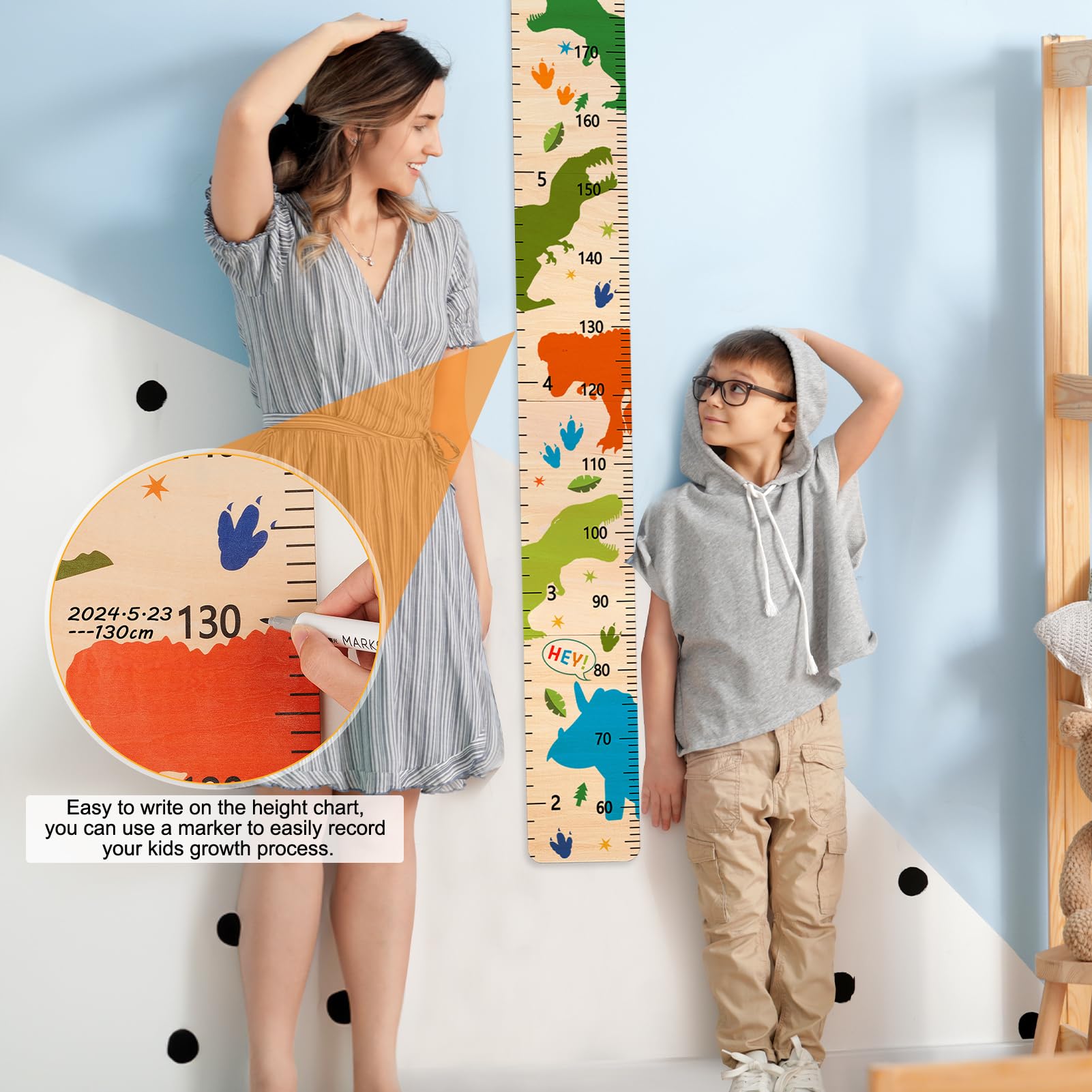 Dinosaur Wood Growth Chart for Kids - Wall Mounted Height Measurement Ruler for Nursery, Bedroom & Playroom Decor - Perfect for Boys and Girls Room, Bathroom & Baby Growth Tracking