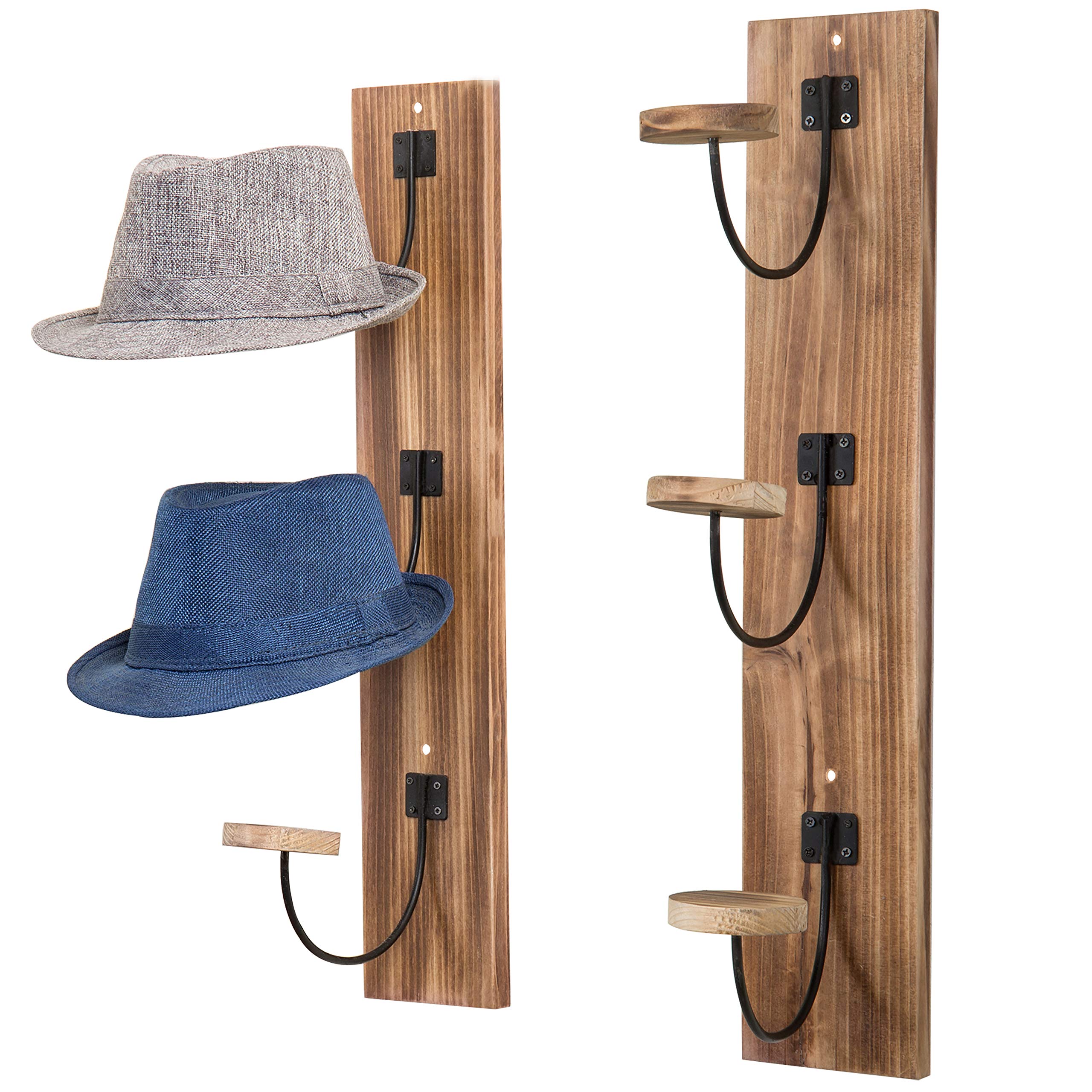 MyGift Rustic Light Burnt Wood Wall Hat Rack with Metal Wire & Wood Hooks - Vertical Mount Coat, Hat & Clothing Organizer (Set of 2) - Perfect for Entryway, Mudroom, Bedroom & Closet Organization