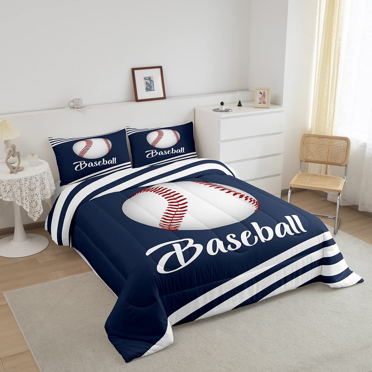 **Baseball Comforter Set Full Size for Boys - Navy Blue Sports Bedding with 2 Pillowcases - Kids Baseball Themed Quilt & Sheet Set - Perfect for Bedroom, Dorm, or Gift**