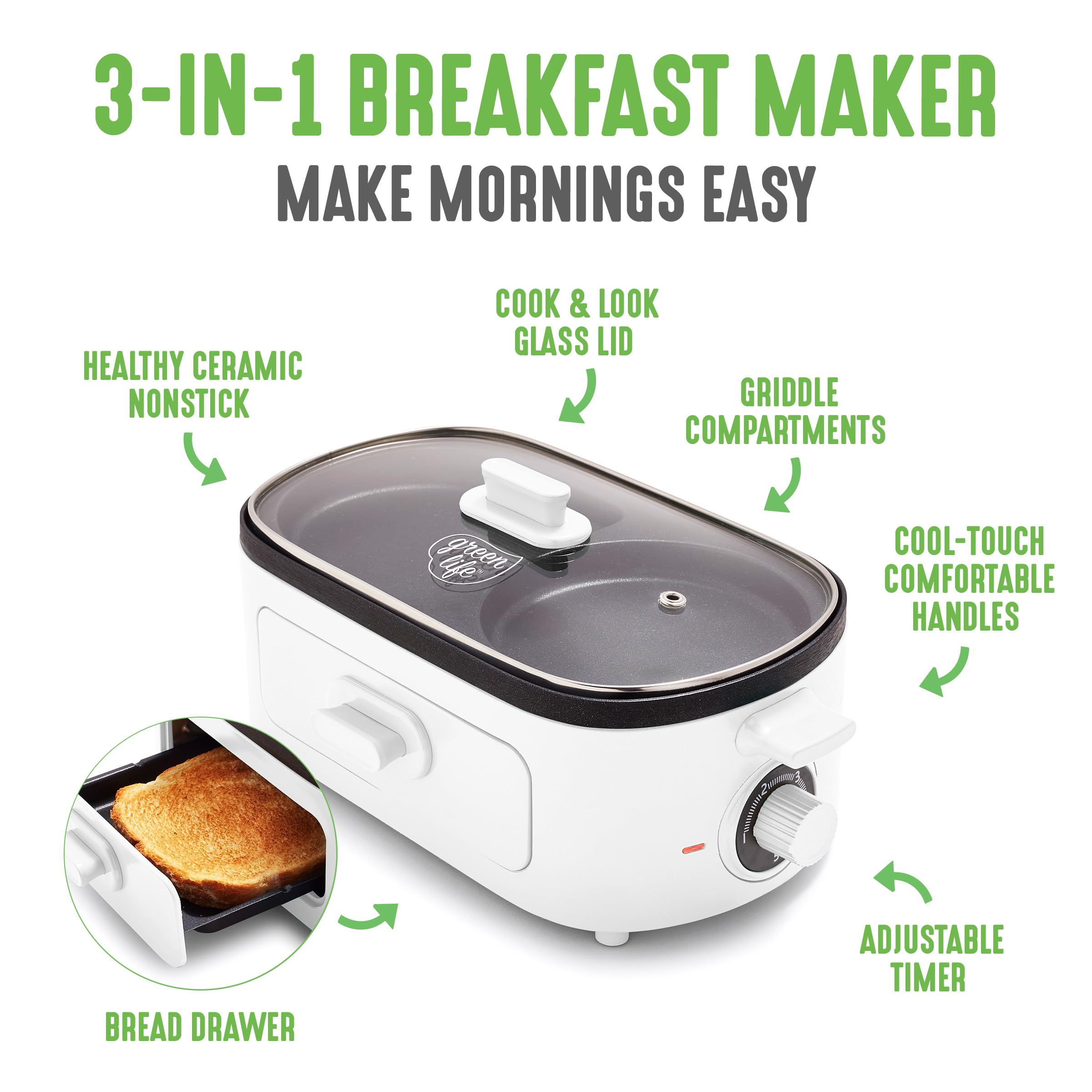 GreenLife 3-in-1 Breakfast Maker Station - Healthy Ceramic Nonstick Dual Griddles for Eggs, Meat, Sausage, Bacon & Pancakes - 2 Slice Toaster with Timer - Perfect for Quick Breakfast, Camping & Small Kitchens - White