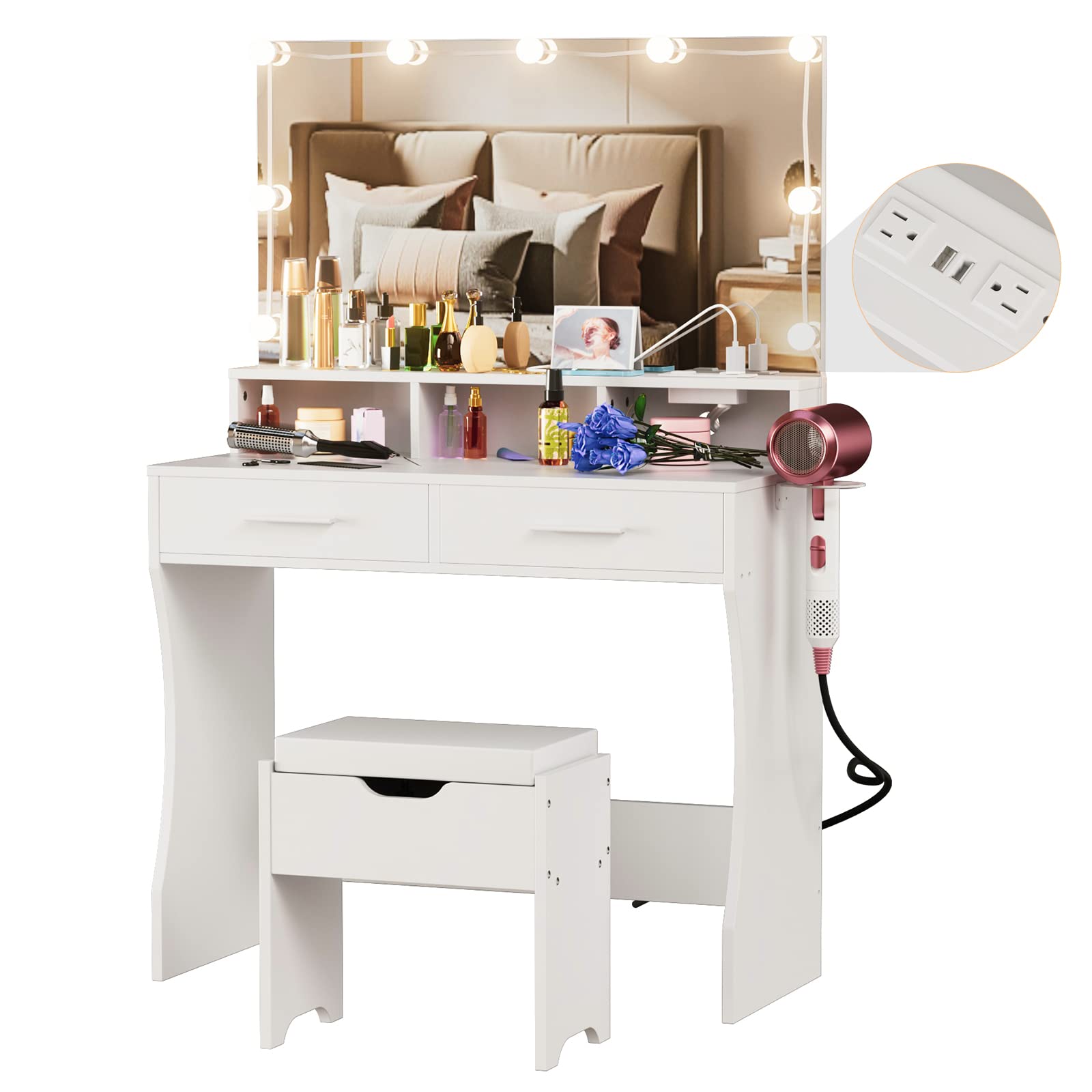 Vabches Makeup Vanity with LED Lighted Mirror & USB Outlet Charging Station - White Vanity Table with 3 Color Lighting Modes & Adjustable Brightness, 31.5 Inch Wide - Perfect for Bedroom, Dressing Room & Home Salon Makeup Application