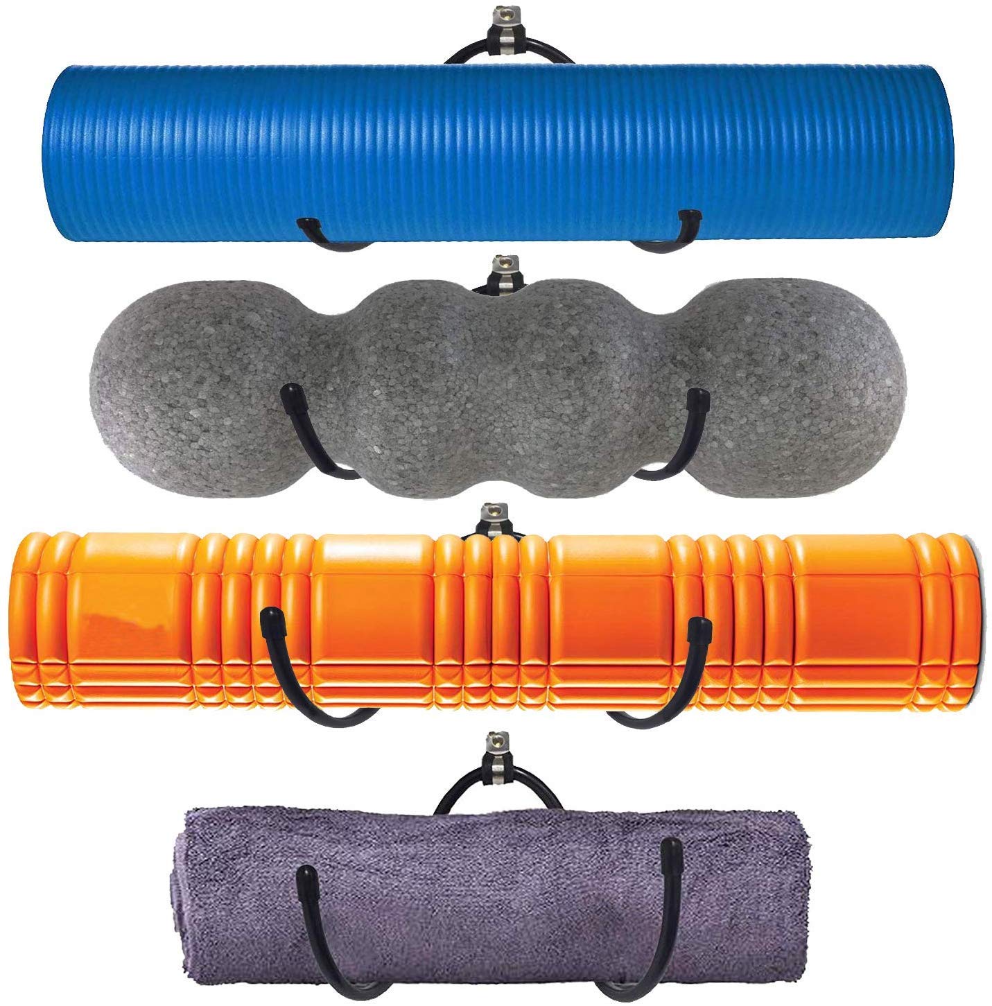 Premium Yoga Mat Storage Rack - Wall Mountable Foam Roller & Towel Holder Shelf for Bathroom, Yoga Room & Gym - Adjustable Size Supports Up to 20Lbs (4 Pack) - Perfect for Organizing Exercise Mats, Massage Rollers & Bath Towels in Home & Studio