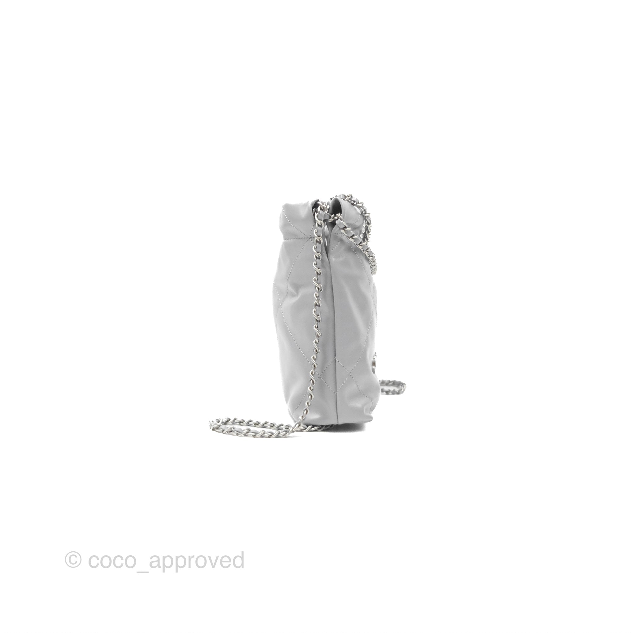 Chanel 22 Mini Bag Light Grey Shiny Crumpled Calfskin with Matte Silver Hardware - Luxury Crossbody Purse for Women, Perfect for Date Night & Evening Events