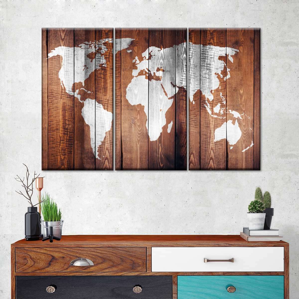 3 Piece Canvas Wall Art Set - Chestnut World Map Print, Abstract Modern Home Decor, Stretched & Framed Ready to Hang | Perfect for Living Room, Bedroom, Office & Dorm Decorations
