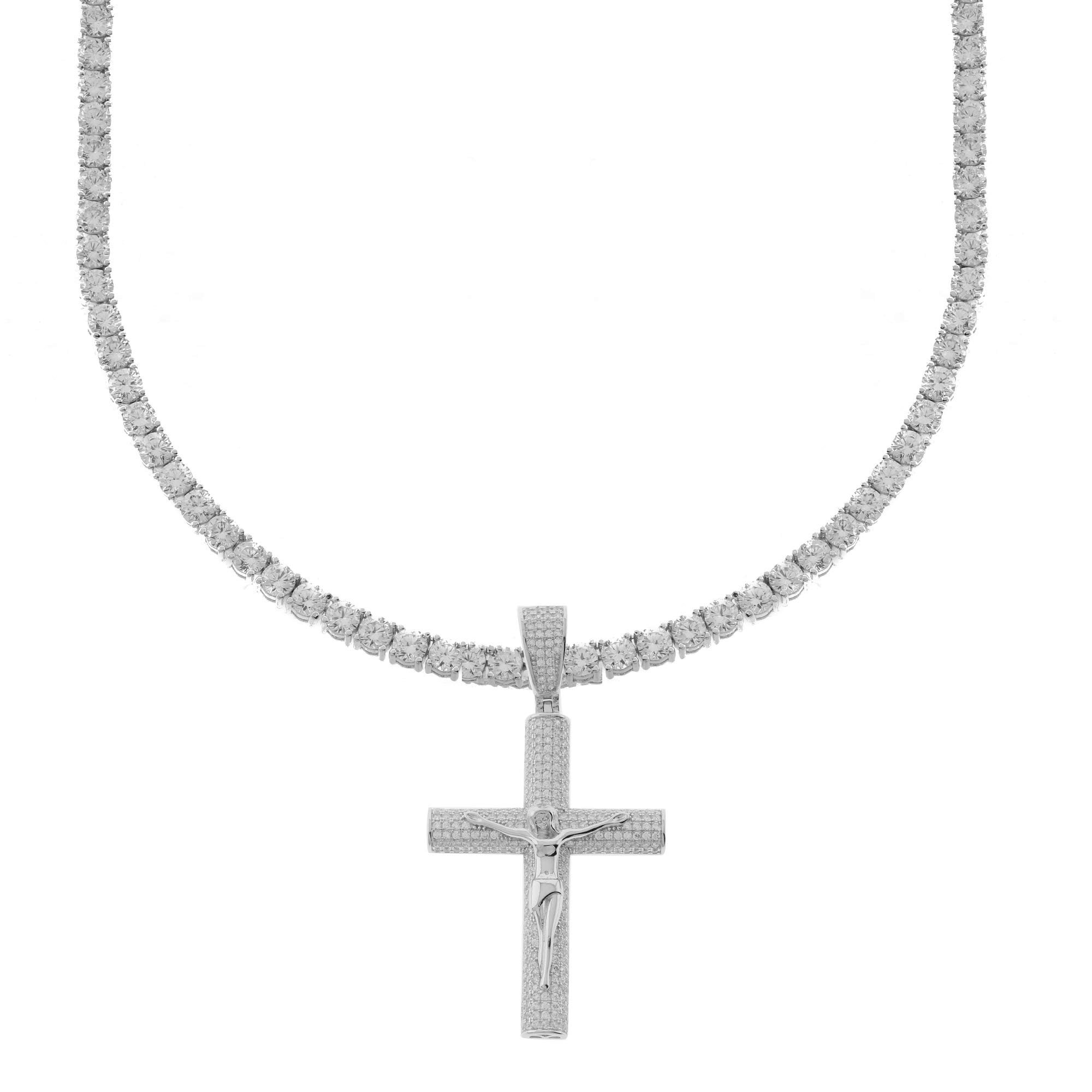 4mm Real 925 Sterling Silver Men's Tennis Chain with Iced Out Cubic Zirconia Catholic Cross Pendant - Durable Jewelry for Everyday Wear & Special Occasions
