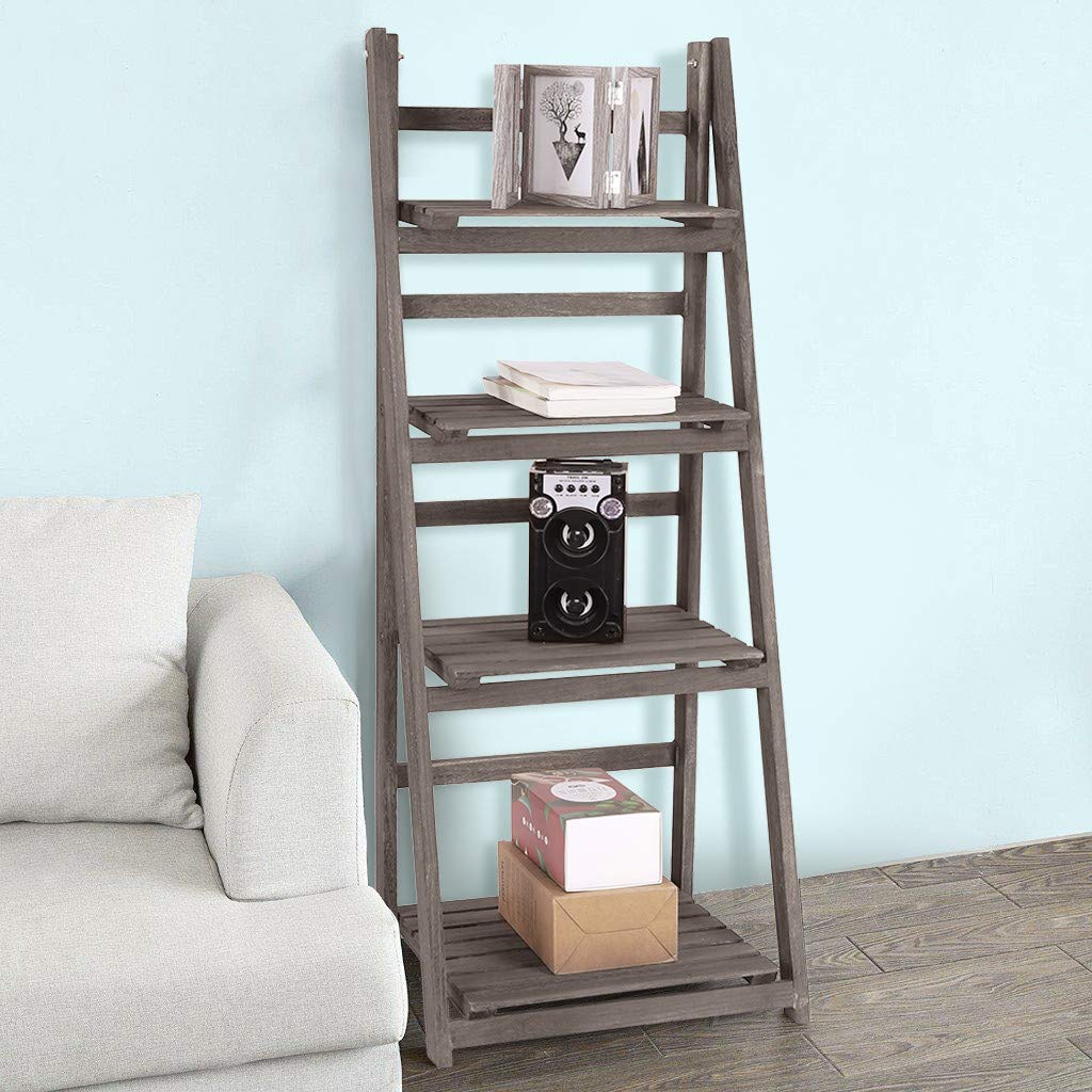 Vintage 4-Tier Foldable Wood Ladder Shelf - Space Saving Bookshelf Organizer & Plant Stand for Home, Office, Study | Fast US Shipping | Perfect for Displaying Books, Plants, Flowers in Living Room, Garden or Patio
