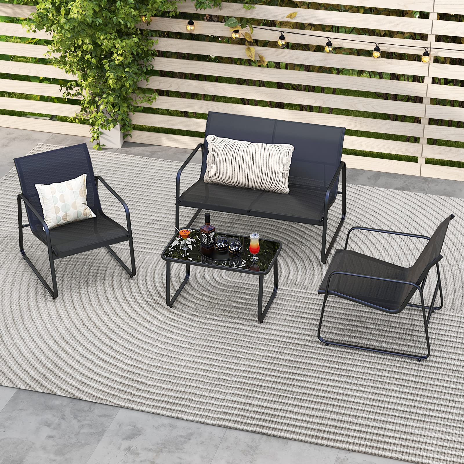 Tangkula 8-Piece Outdoor Patio Furniture Set with Tempered Glass Coffee Table - Black Rustproof Metal Frame & Breathable Fabric - Perfect for Garden, Porch, Backyard & Poolside Relaxation