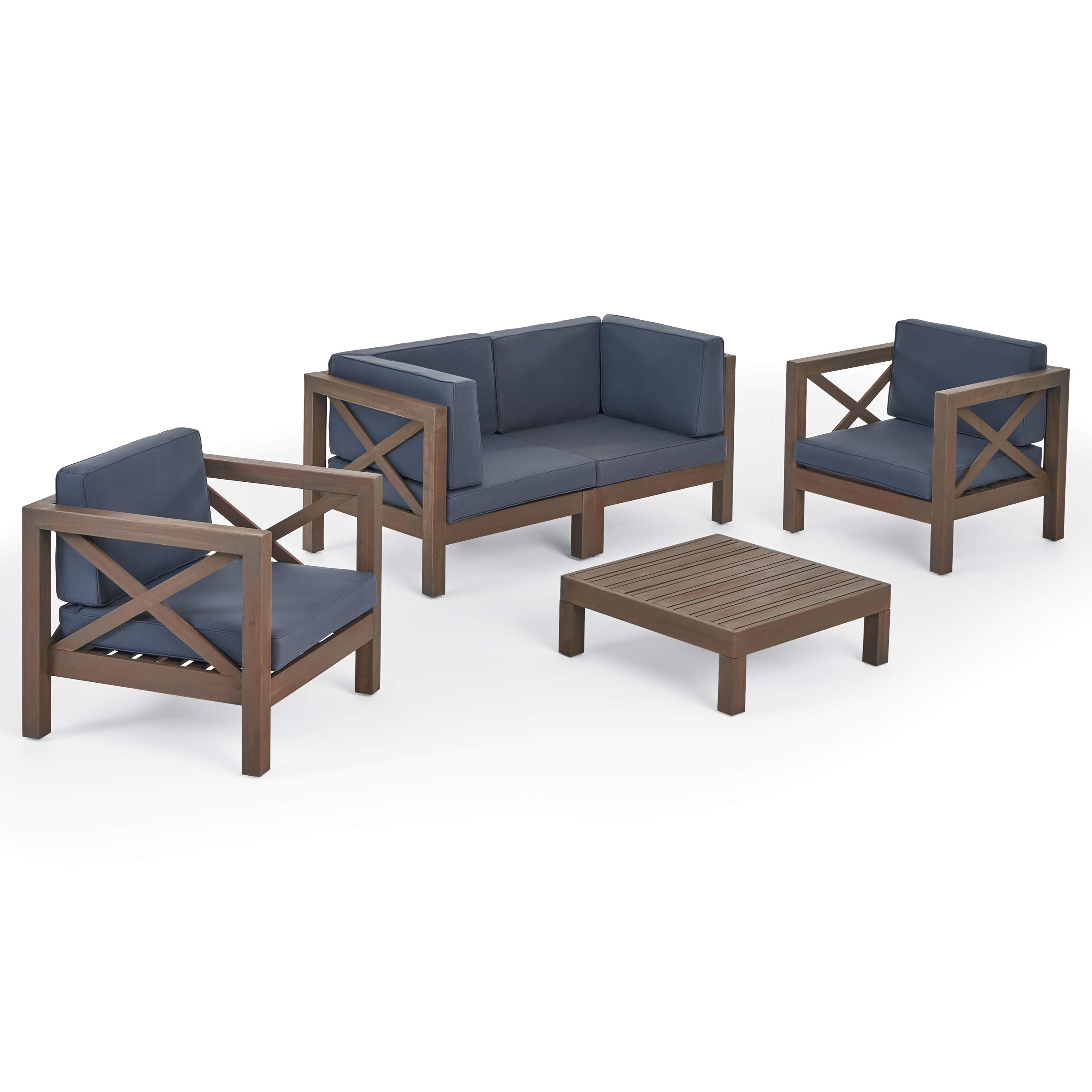 Noble House Brava 5-Piece Outdoor Acacia Wood Loveseat Set in Gray - Durable Patio Furniture for Garden, Poolside & Backyard Relaxation