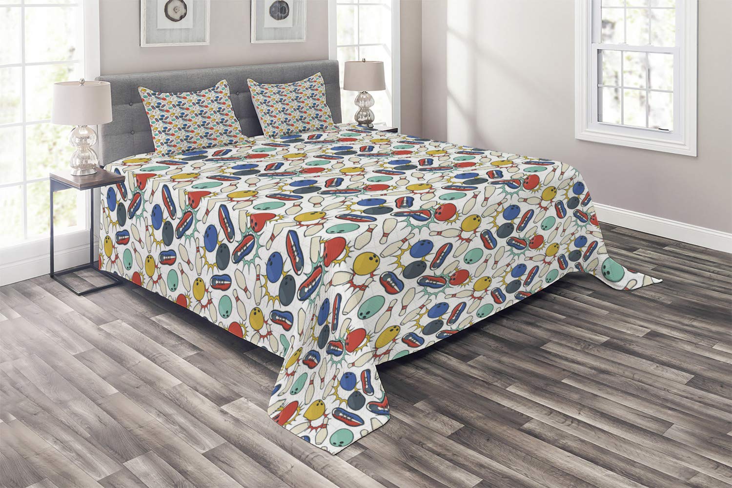 Ambesonne Bowling Themed Quilted Bedspread Set - Retro Style Color Doodle Design with Ball Pins & Shoes on Notebook Backdrop, 3-Piece King Size Bedding (Comforter + 2 Pillow Shams) | Perfect for Bowling Enthusiasts' Bedrooms, Game Room Decor, or Unique Gift Idea