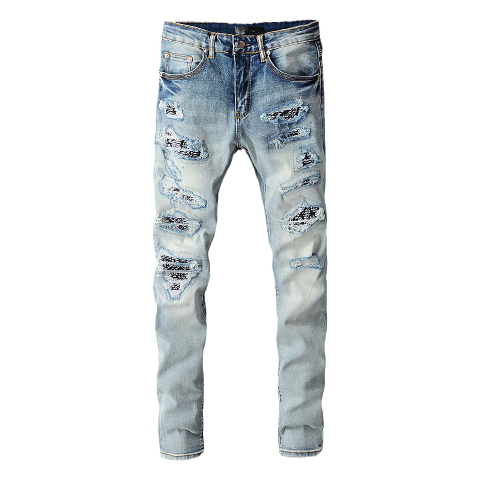 Men's Grey Patchwork Biker Jeans - Stretch Denim Motorcycle Pants with Stitching Detail for Street Style | Perfect for Riding, Casual Wear & Urban Fashion