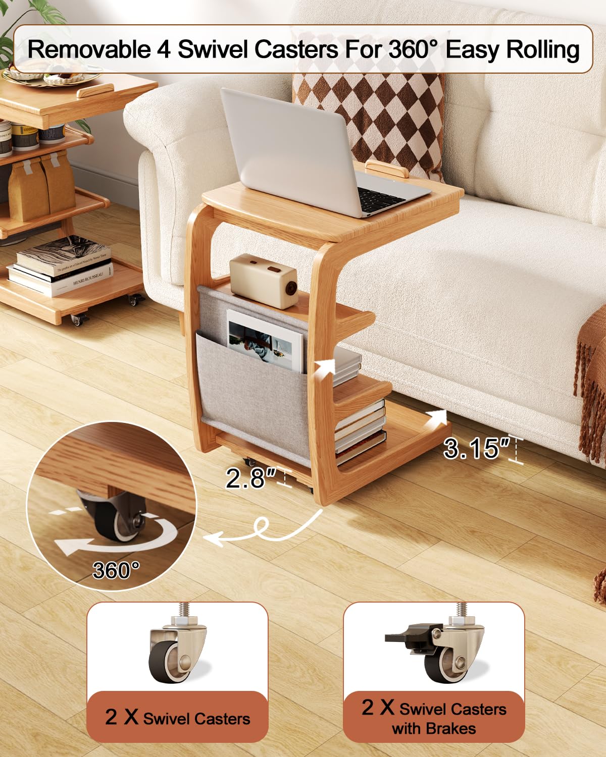 Wooden C-Shaped End Table with Lockable Wheels - 4-Tier Rolling Side Table with Storage Bag - Small Couch Desk for Living Room, Bedroom, Office - Perfect for Snacks, Laptops, Books & TV Trays (Natural)