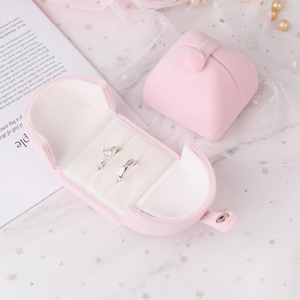 iSuperb Pink Velvet Double Ring Box - Wedding Jewelry Gift Box for Engagement Rings, Anniversary & Proposal - Perfect for Couples' Special Moments (Elegant Ring Storage & Presentation)
