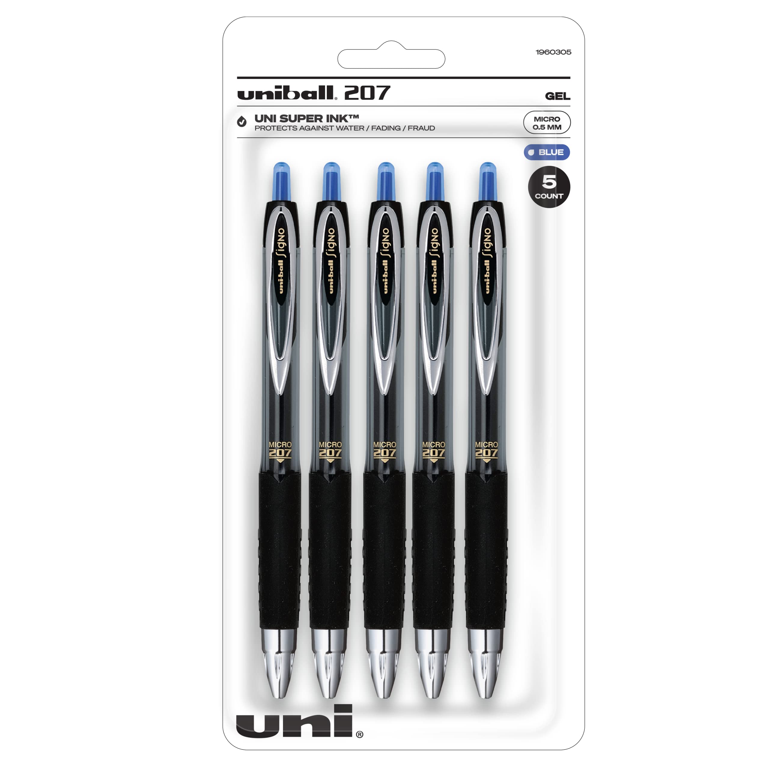 uni-ball 207 Retractable Gel Pens - 0.5mm Micro Point Fine Tip - Pack of 5 Blue Gel Ink Pens - Smooth Writing for Office, School & Note Taking