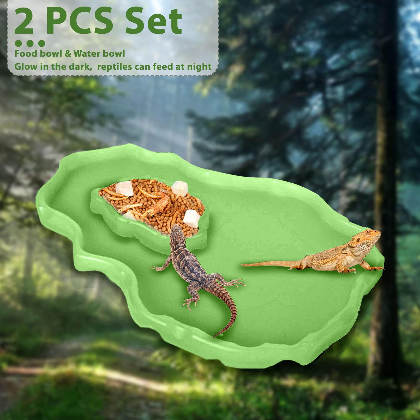 Luminous Reptile Food and Water Bowl Set - 2 Pcs Bearded Dragon Dishes, Tortoise Feeder & Lizard Habitat Accessories for Amphibians (Large & Small) - Perfect for Terrarium Décor with Turtles, Geckos, Snakes, Tegus & Iguanas - Ideal for Feeding, Hydration and Habitat Enrichment