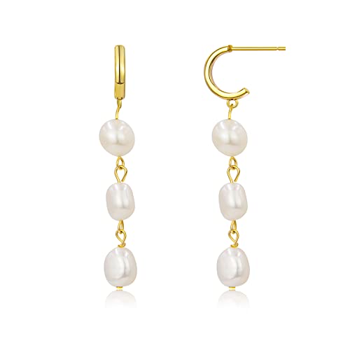 Vintage Baroque Freshwater Pearl Stud Earrings for Women - 925 Sterling Silver with 14K Gold Plated, Long Dangle Drop Hoop Earrings, Handmade Jewelry Gift for Her - Perfect for Weddings, Parties & Special Occasions