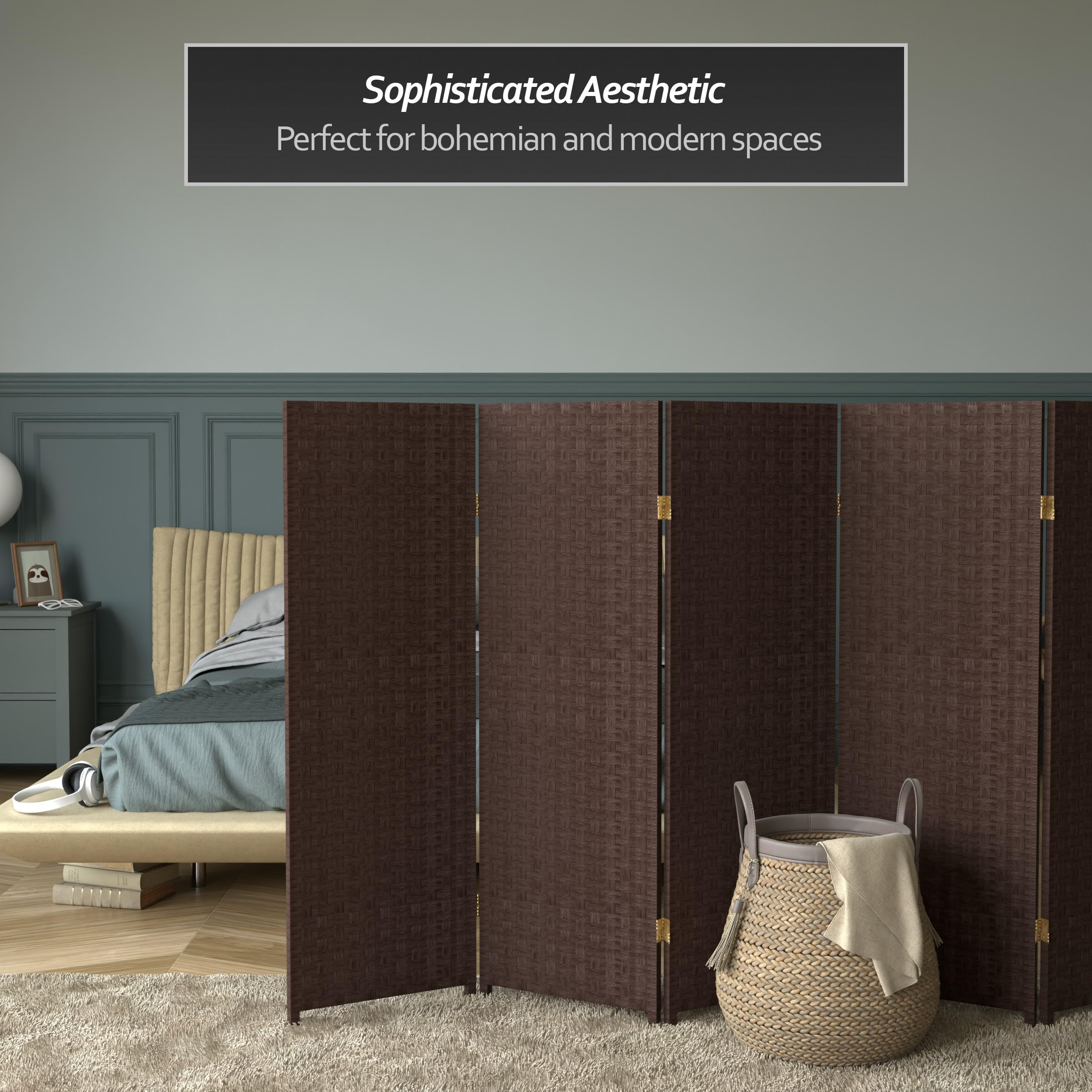 4 ft. Short Woven Fiber Folding Room Divider - Dark Mocha - 6 Panel Privacy Screen - Perfect for Home Office, Bedroom Partition, and Indoor Decor