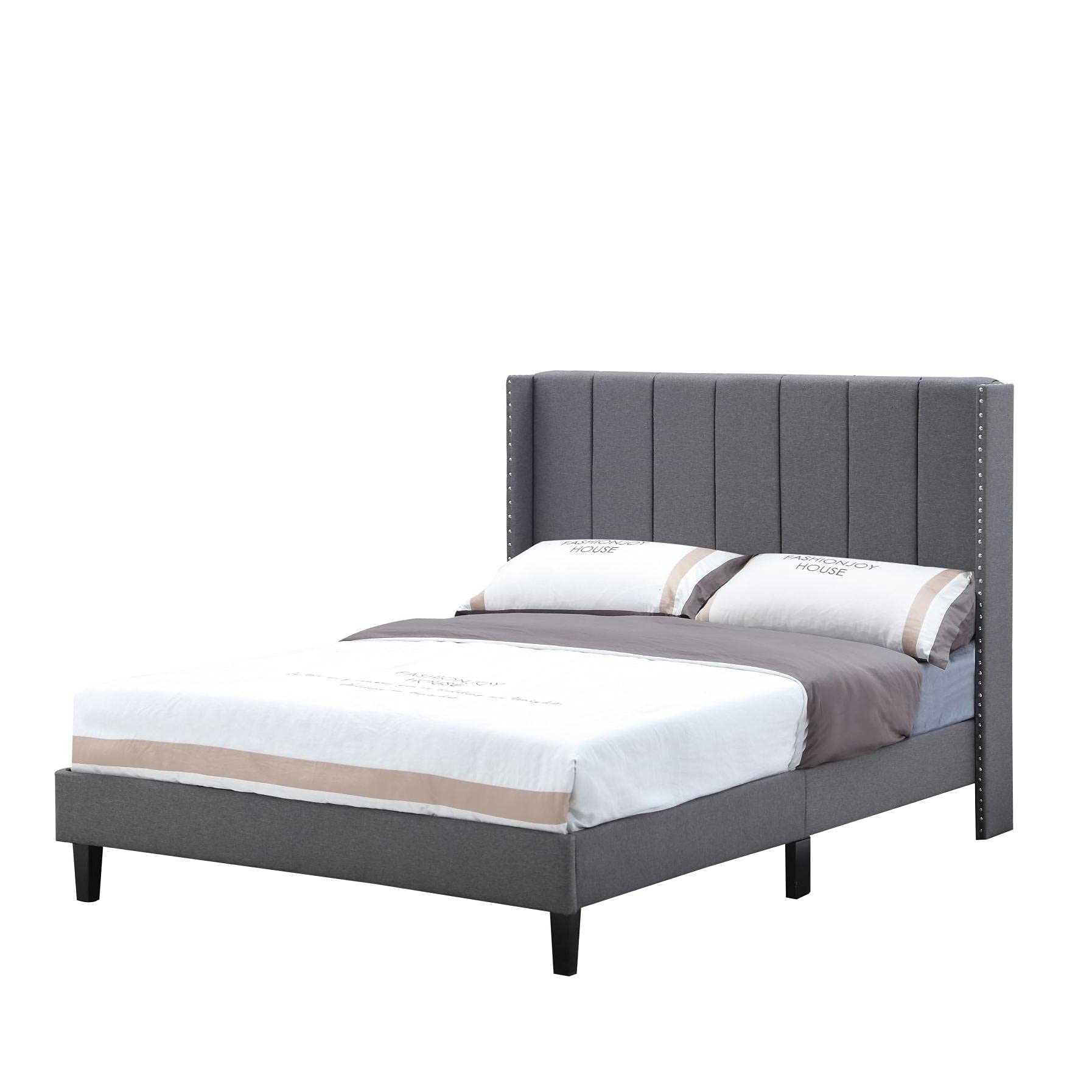 Modern Upholstered Full Size Bed Frame with Headboard - Wood Slat Support Faux Leather Platform Bed - No Box Spring Needed - Easy Assembly (Grey) - Perfect for Guest Rooms, Dorms & Small Apartments