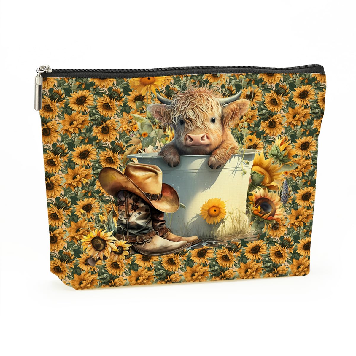 Western Sunflower Cow Makeup Bag - Cute Cow Print Cosmetic Pouch for Women & Girls - Perfect Gift for Cow Lovers (Mothers Day, Christmas, Birthday, Graduation) - Great for Travel, School & Daily Makeup Storage
