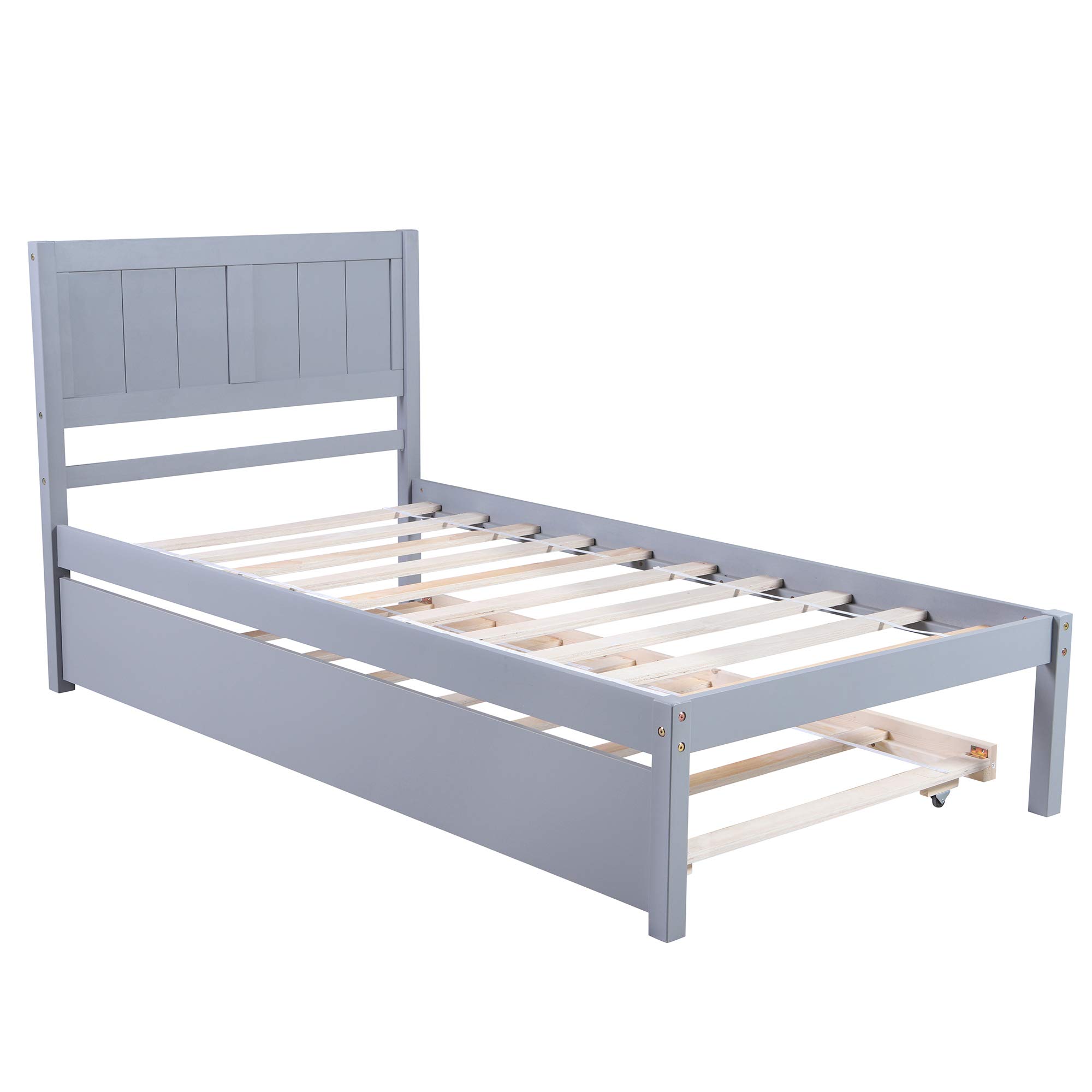 Twin Size Wooden Platform Bed Frame with Headboard & Trundle - No Box Spring Required, Easy Assembly (Grey) - Perfect for Kids' Rooms, Guest Bedrooms & Small Spaces