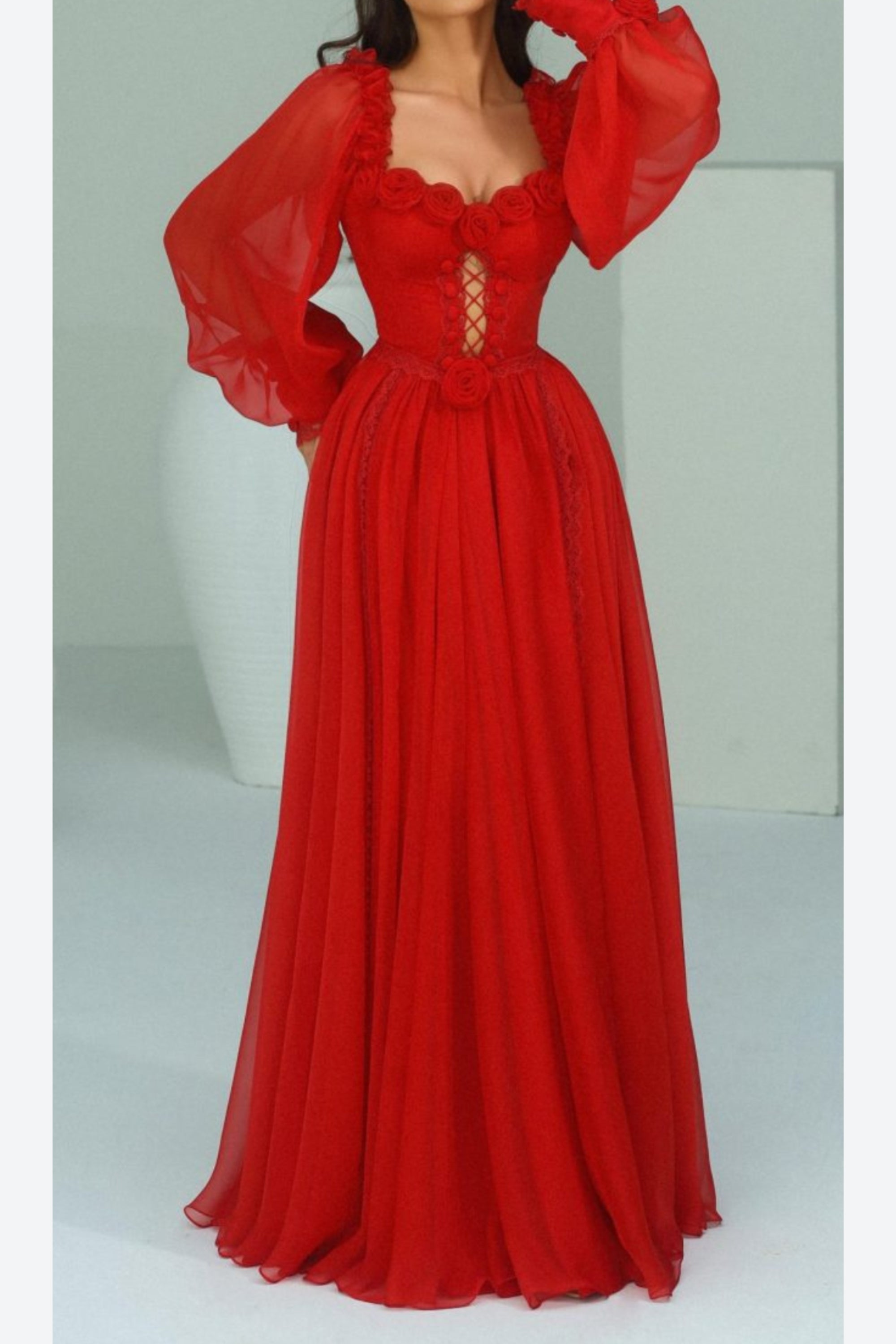Elegant Red Chiffon 3D Flower Long Sleeve Midi Dress for Women - Perfect for Weddings, Parties & Special Occasions