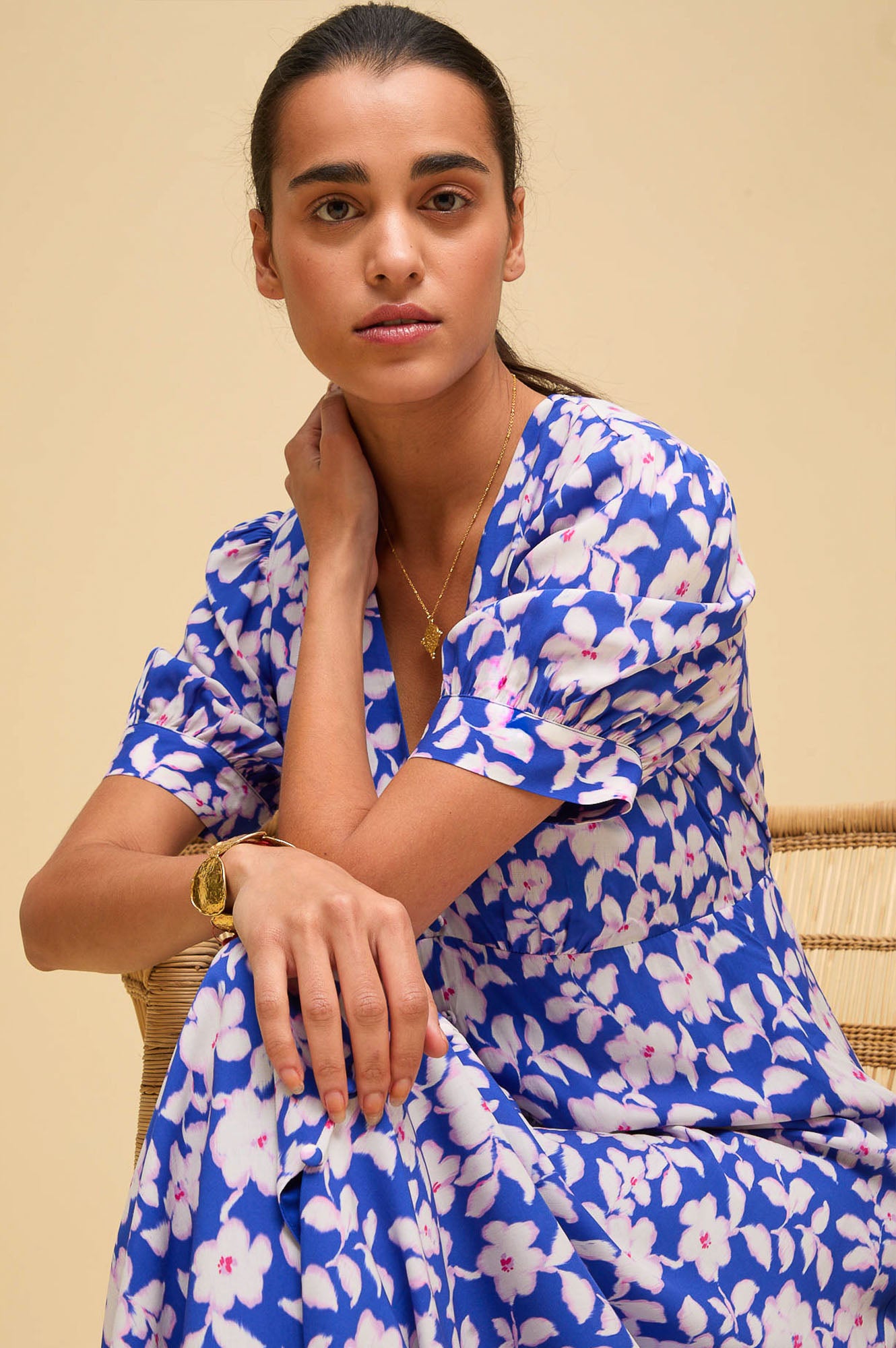 Anne Tea EcoVero™ Sustainable Floral Dress in Blossom Cobalt & Pink - Perfect for Spring Weddings, Garden Parties & Casual Outings
