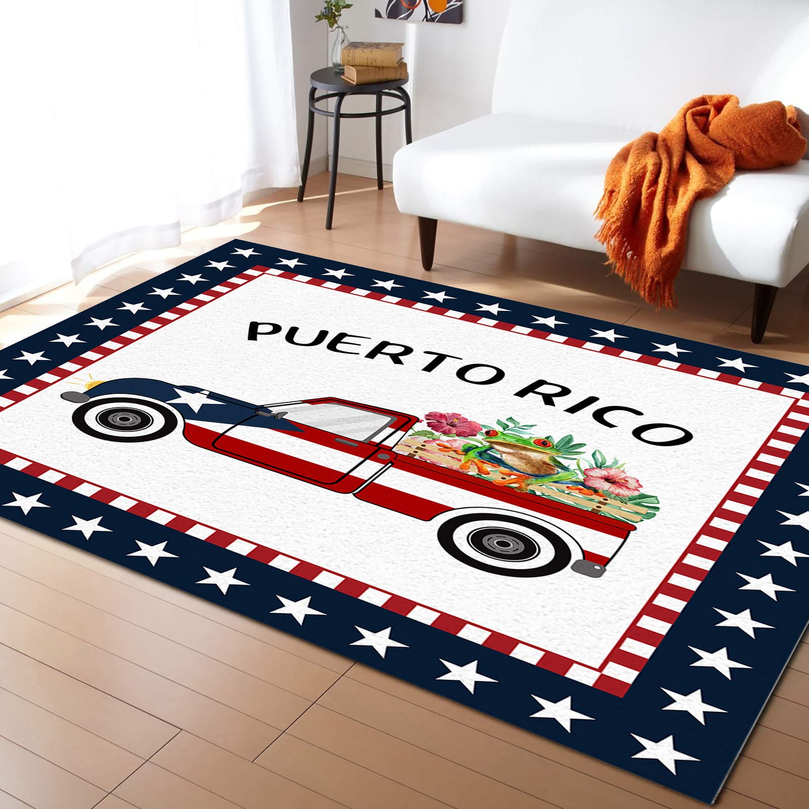5'x8' Washable Area Runner Rug - Blue Star Border Farm Truck Frog Floral Design for Indoor/Outdoor Use | Perfect for Kitchen, Living Room, Bathroom, Bedroom, Classroom & Laundry Room | Non-Slip Doormat & Desk Mat