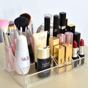 PRUTHA® 16 Grid Clear Acrylic Lipstick Organizer & Nail Polish Holder - 16 Compartment Makeup Storage Box for Lip Gloss, Cosmetics, Jewelry - Perfect for Vanity, Bathroom, and Travel Organization