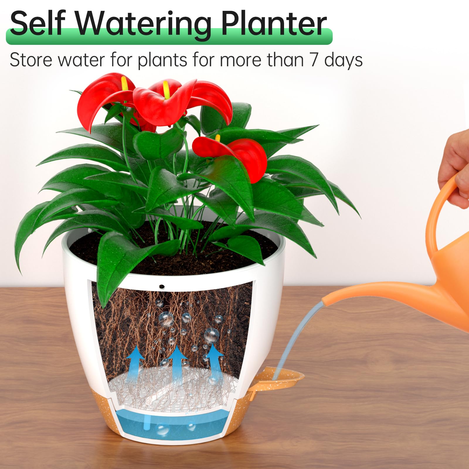 ZMTECH 8 Inch Self Watering Hanging Planters - 2 Pack Indoor Outdoor Plastic Flower Pots with Drainage Holes & Removable Saucer - Perfect for Balcony, Patio, Garden Decor (White)