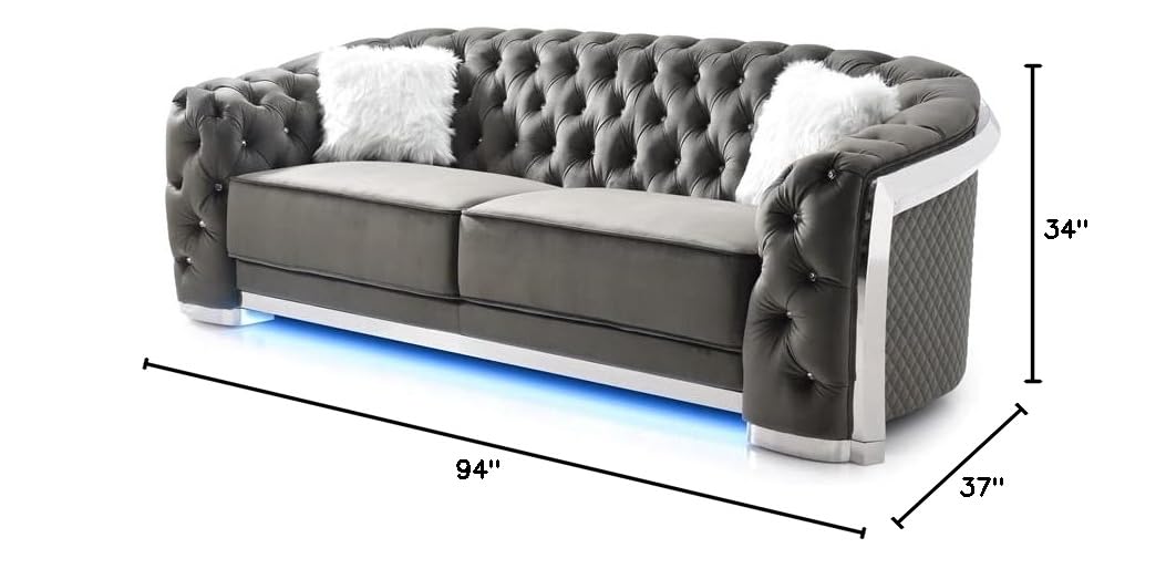 Glory Sapphire Gray Velvet Sofa with LED Accent Lighting - Modern LED Lighted Sectional Couch for Living Room, Lounge & Home Theater