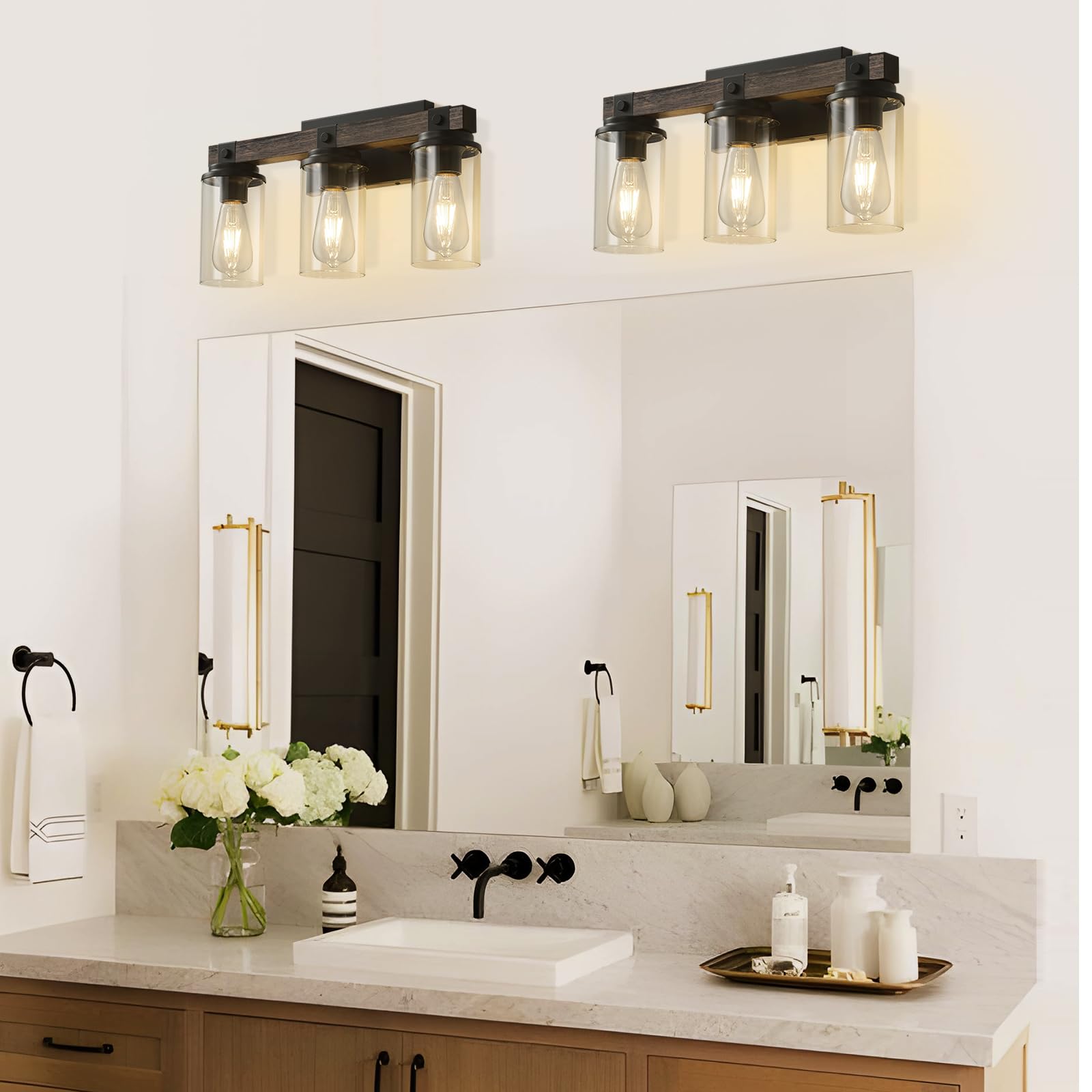 Farmhouse Vanity Light 3-Light Wooden Bathroom Wall Sconce - Industrial Black Wood with Clear Glass Shade for Mirror Lighting - Perfect for Bathroom, Hallway, Bedroom & Dressing Room Vanity Areas