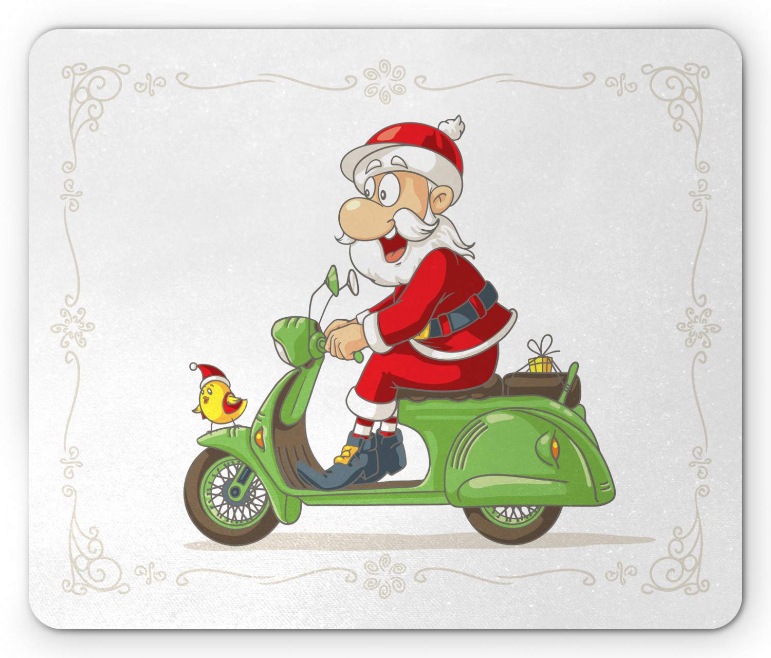 Lunarable Christmas Mouse Pad - Funny Santa Claus on Scooter Cartoon Design with Curlicue Frame, Non-Slip Rubber Base, Standard Size Rectangle Mousepad for Office & Gaming | Holiday Gift & Home Decor