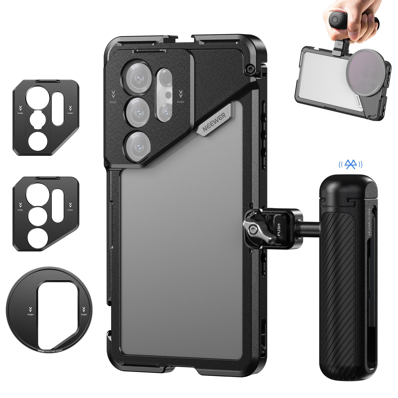 NEEWER PA082 Phone Cage for Samsung S25 Ultra - 67mm Filter Mount, 17mm & T-Mount Adapters - Perfect for Smartphone Photography & Videography