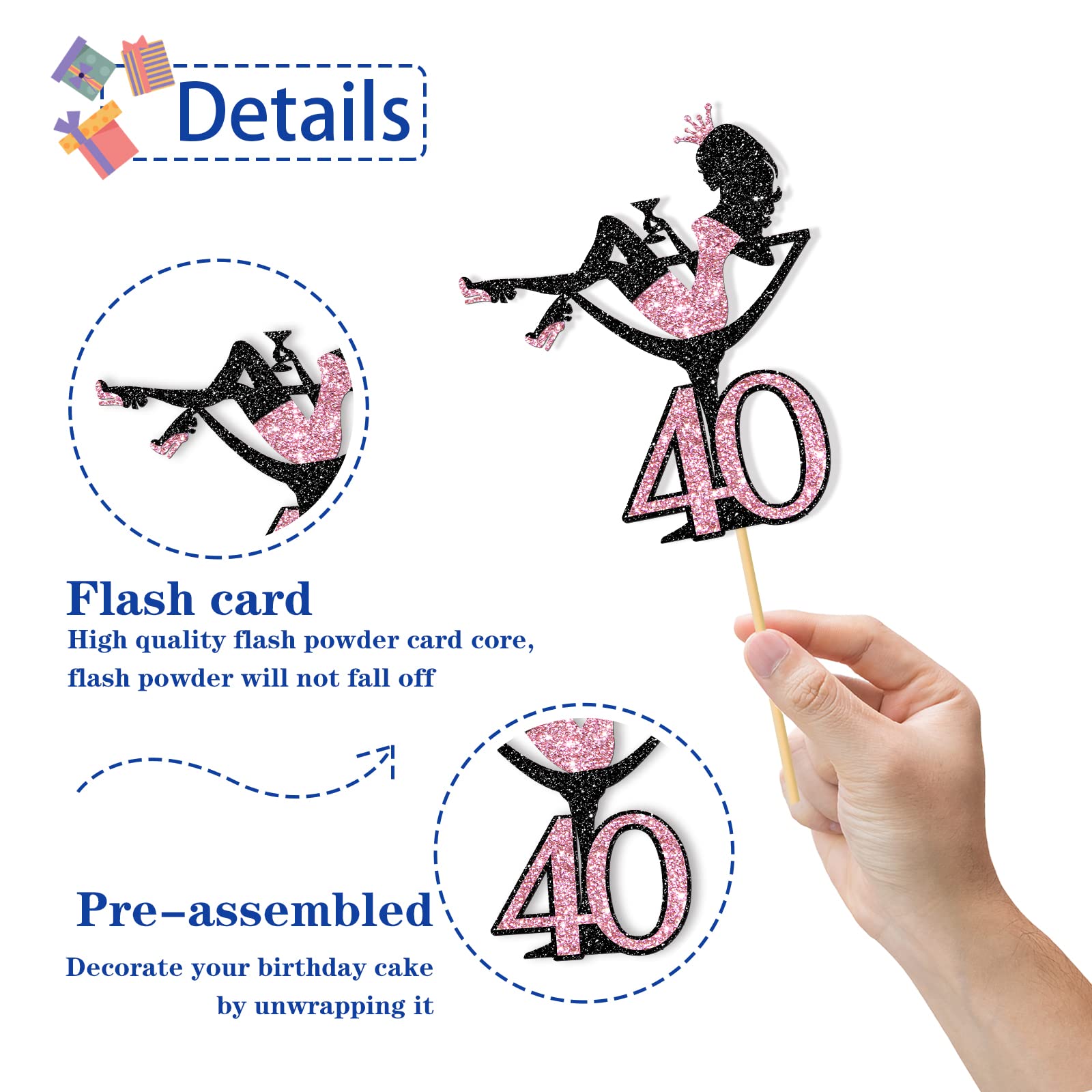 40th Birthday Cake Topper - Glamorous Sitting Lady with Black & Pink Glitter for Makeup Spa Theme Party Decorations | Perfect for Women's 40th Birthday Celebrations, Bridal Showers & Girls' Night Out