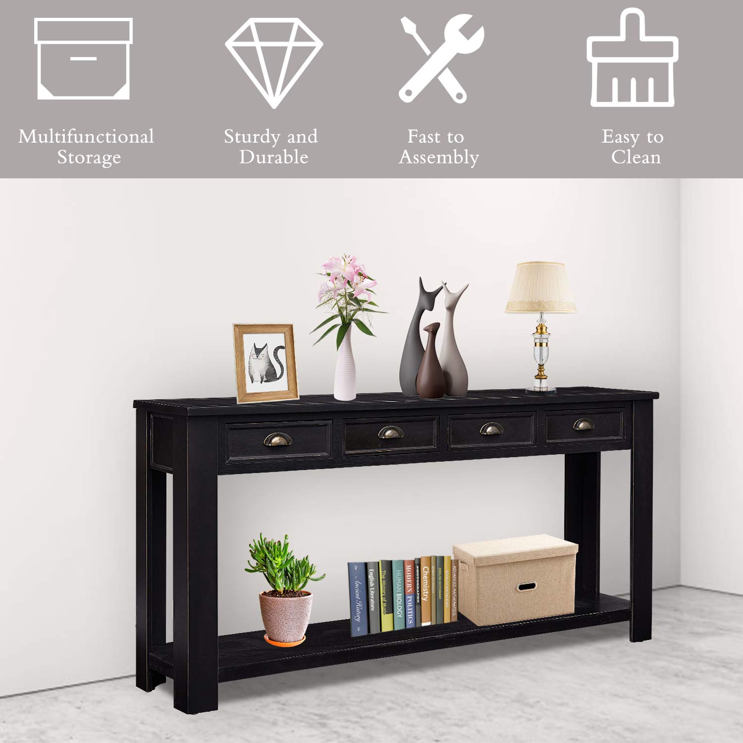 **Kinsuite 60 Inch Long Rustic Wooden Console Table with 4 Drawers & Storage Shelf - Entryway, Living Room, Hallway Sofa Table for Home Decor & Organization**    *(Perfect for foyers, behind sofas, or as a stylish hallway accent with ample storage!)*