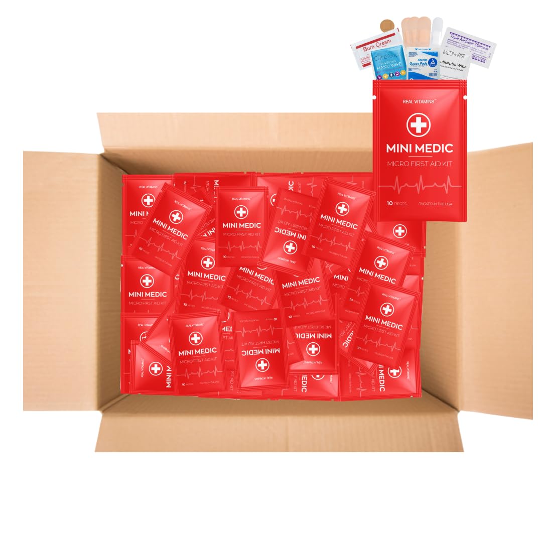 Mini Medic - Bulk Micro First Aid Emergency Medical Kits (100 Pack) - Compact Travel Size for Wound Care, Homeless Shelters, Schools, Camping & Workplace Safety | Perfect for First Aid Kits, Emergency Preparedness & Outdoor Adventures