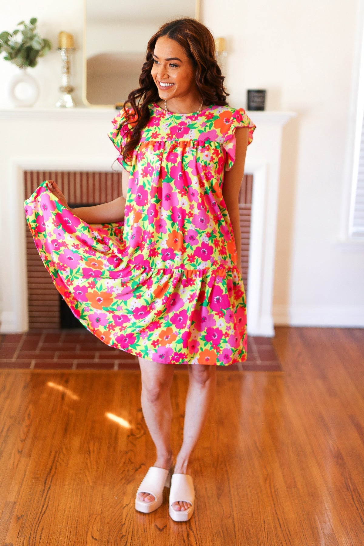 Be Charming Lime & Pink Floral Print Tiered Ruffle Sleeve Dress - Women's Summer Party Dress for Weddings, Garden Parties & Date Nights