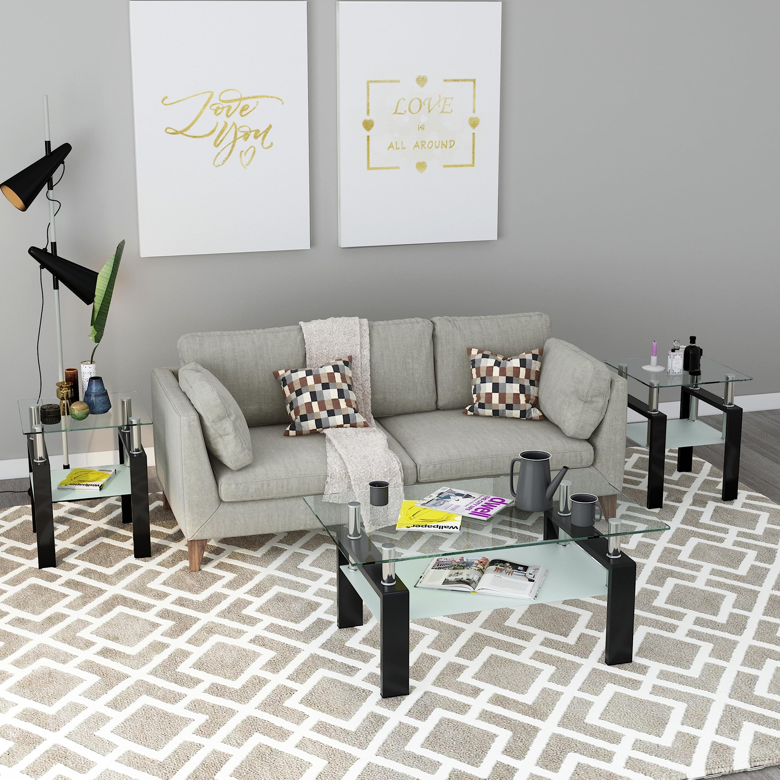 3 Piece Modern Living Room Table Set - Tempered Glass Coffee Table & End Tables with Sturdy Metal Legs, Black Frame & Clear Glass Top - Perfect for Living Room, Bedroom, Office or Dorm Decor (Style 1)