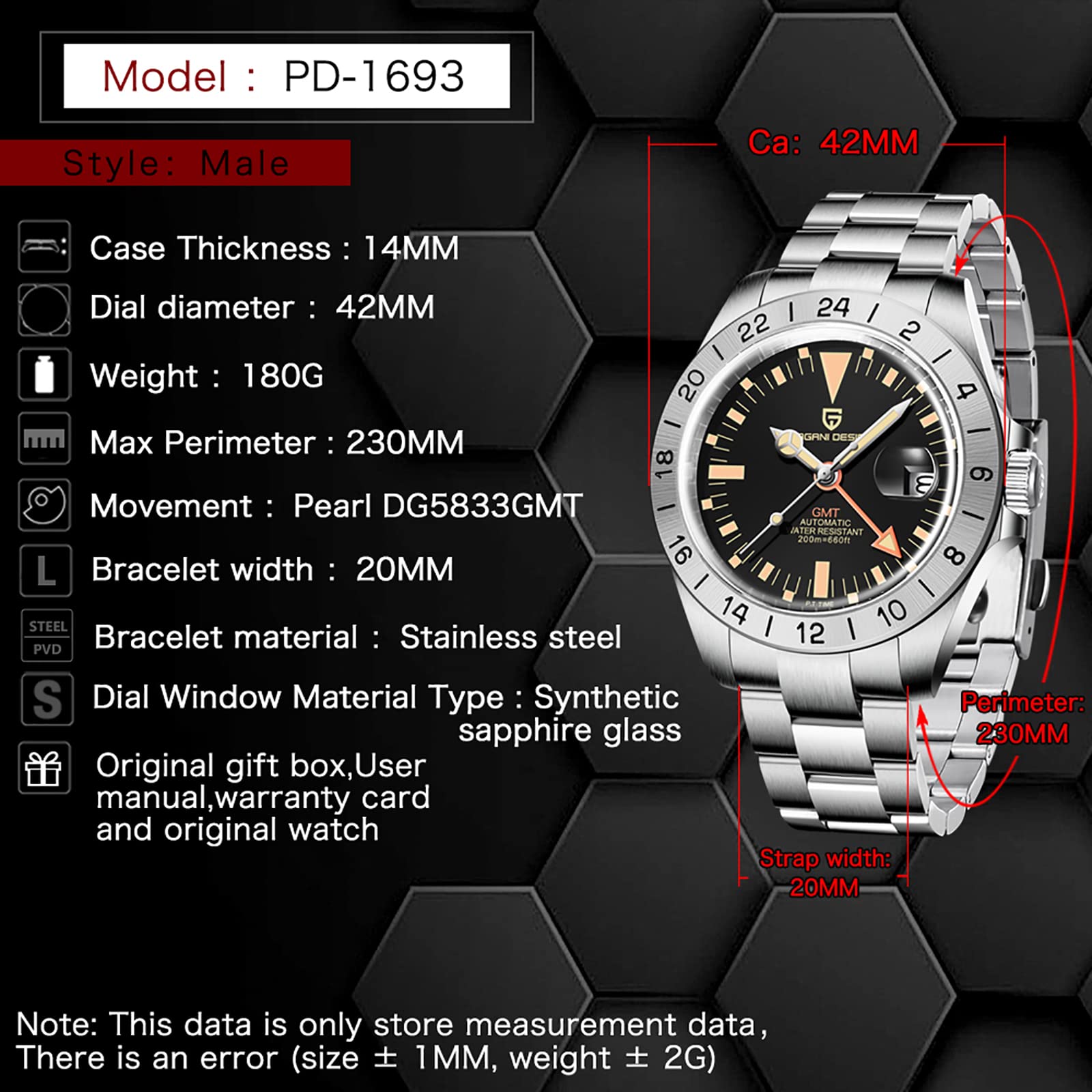 Pagani Design Men's GMT Automatic Self-Winding Mechanical Watch - Sapphire Crystal, Waterproof, Luminous - Perfect for Business, Travel & Outdoor Adventures